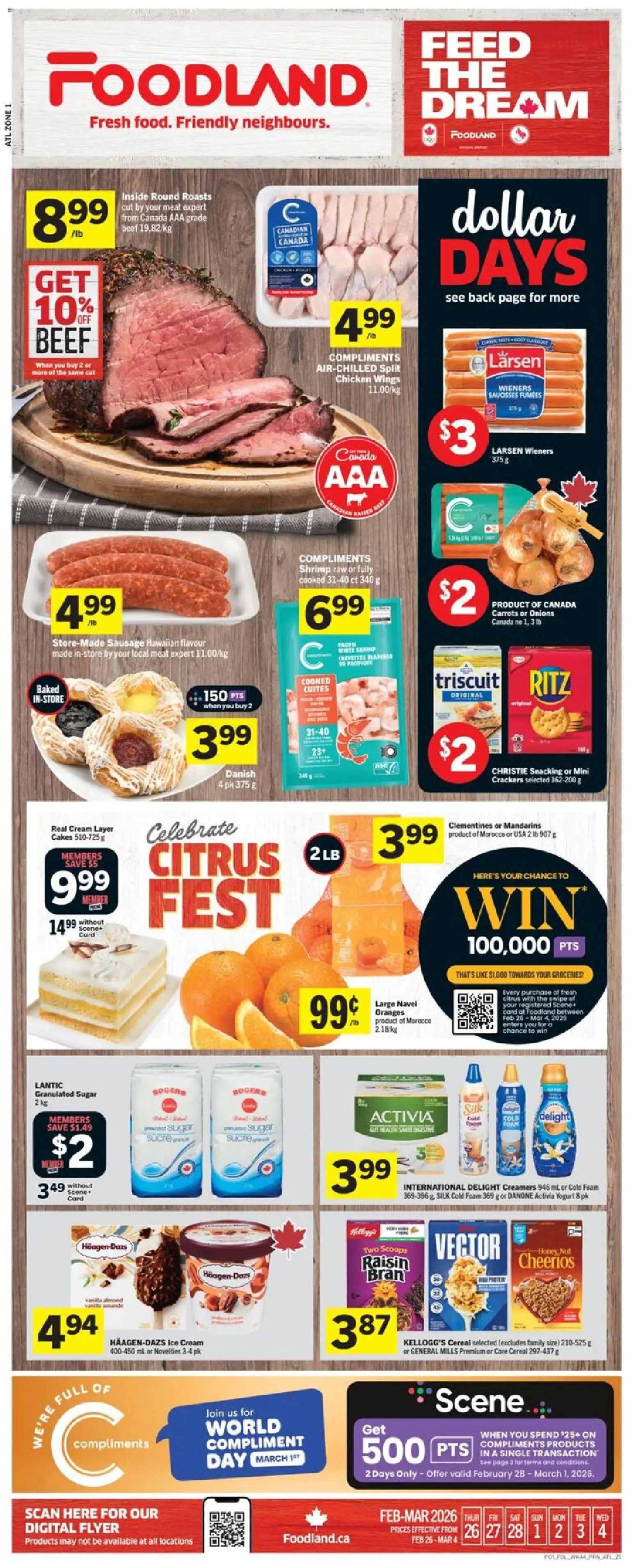 Foodland flyer valid from 26.02.2026 | Page: 1 | Products: Cream, Ice cream, Chicken wings, Oranges