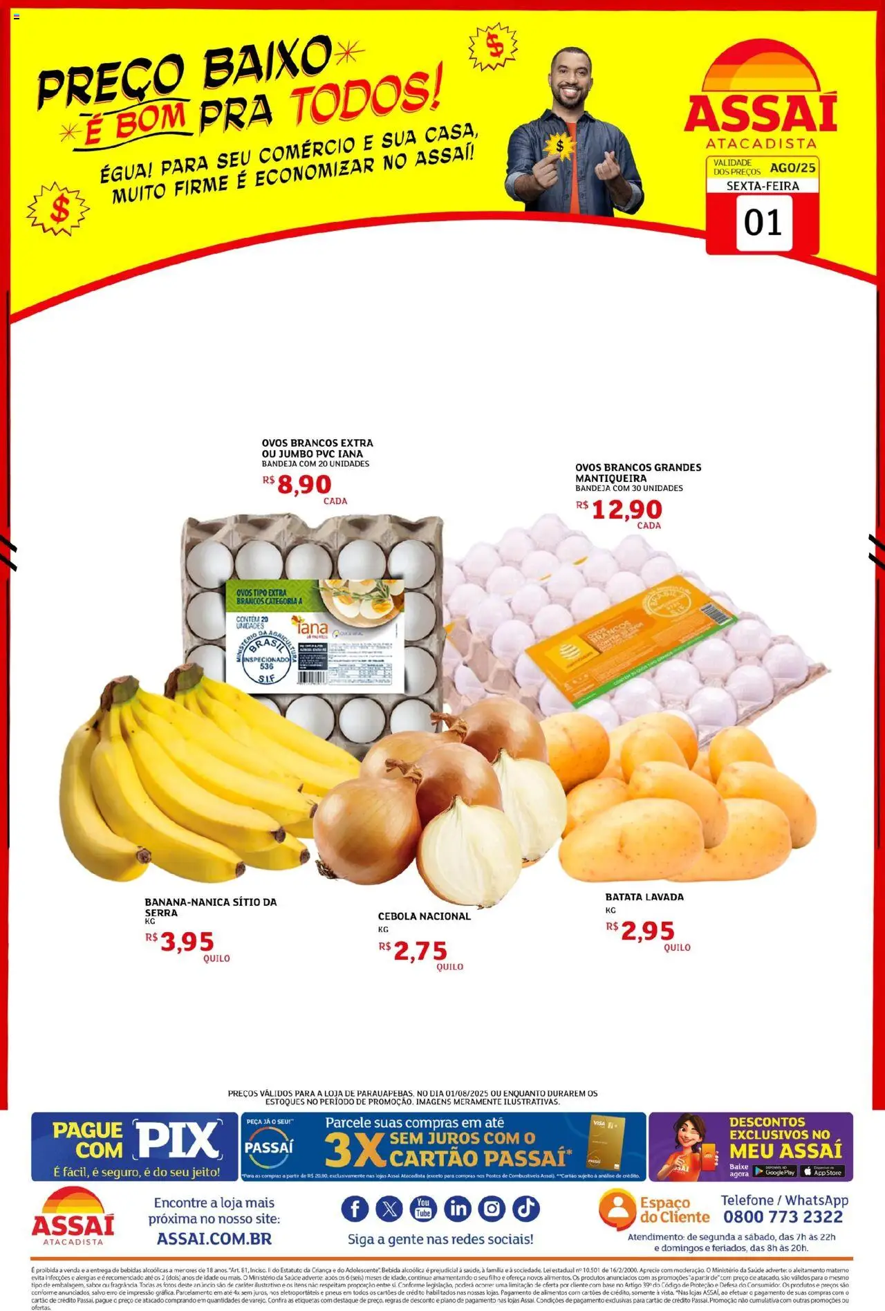 Assaí Atacadista Folheto - válido de 01.08.2025 | Página: 1 | Produtos: Cebola, Pneus, Baixo, Telefone