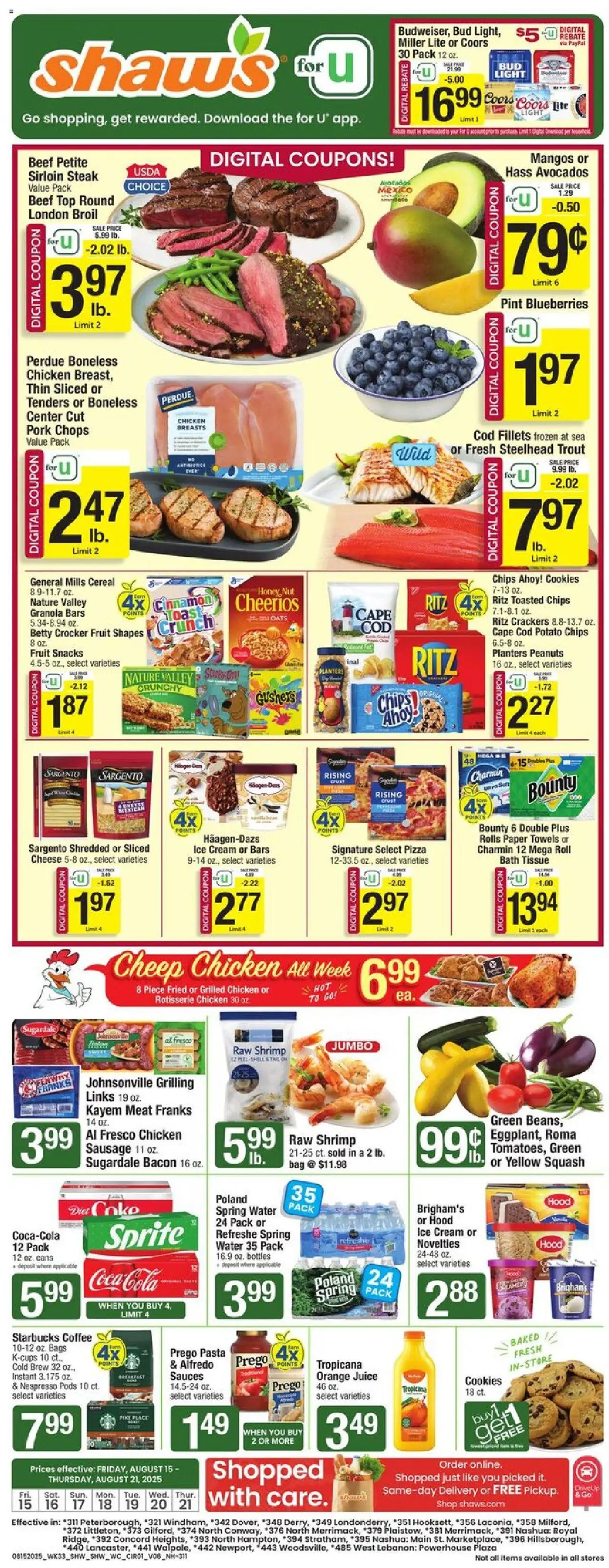 Shaw's Weekly Ad - NH - valid from 15.08.2025 | Page: 1 | Products: Squash, Cream, Cookies, Ice cream