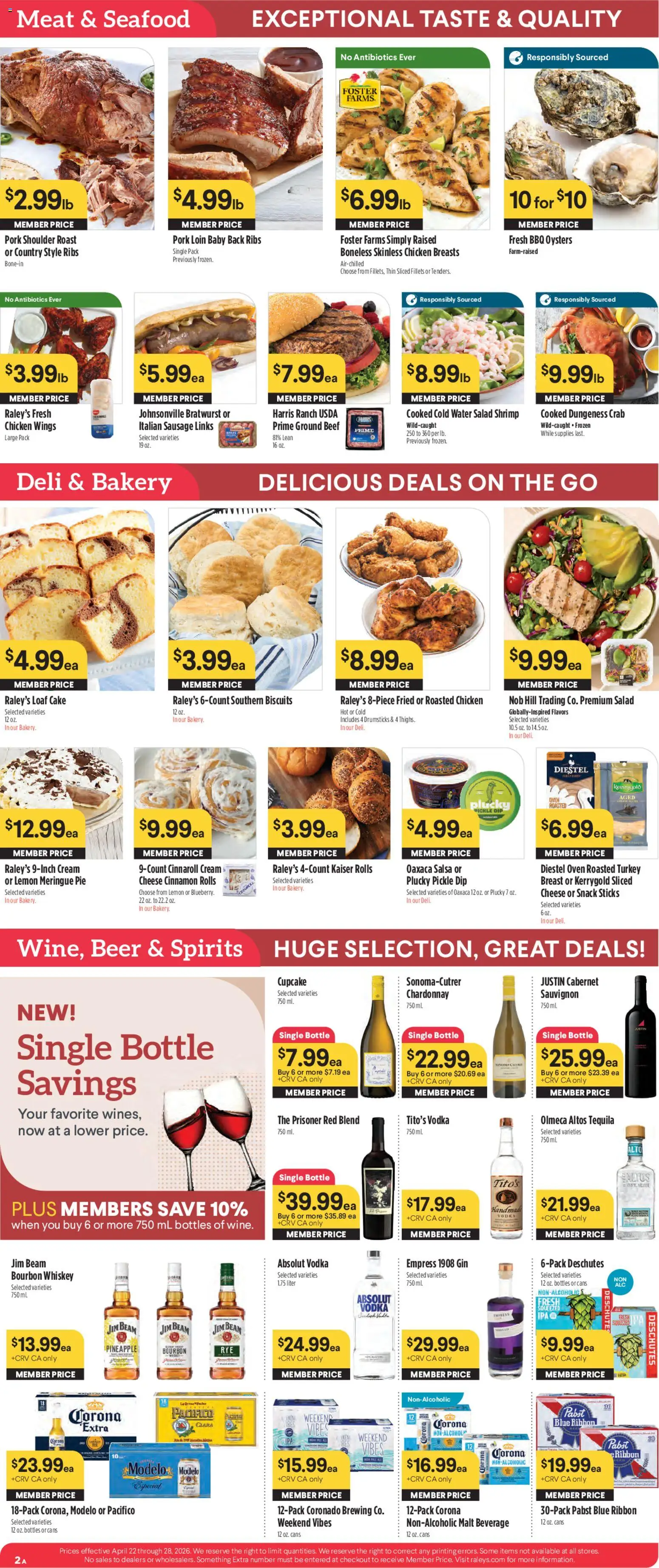 Raley's Weekly Ad - valid from 22.04.2026 | Page: 2 | Products: Beer, Salad, Seafood, Oven