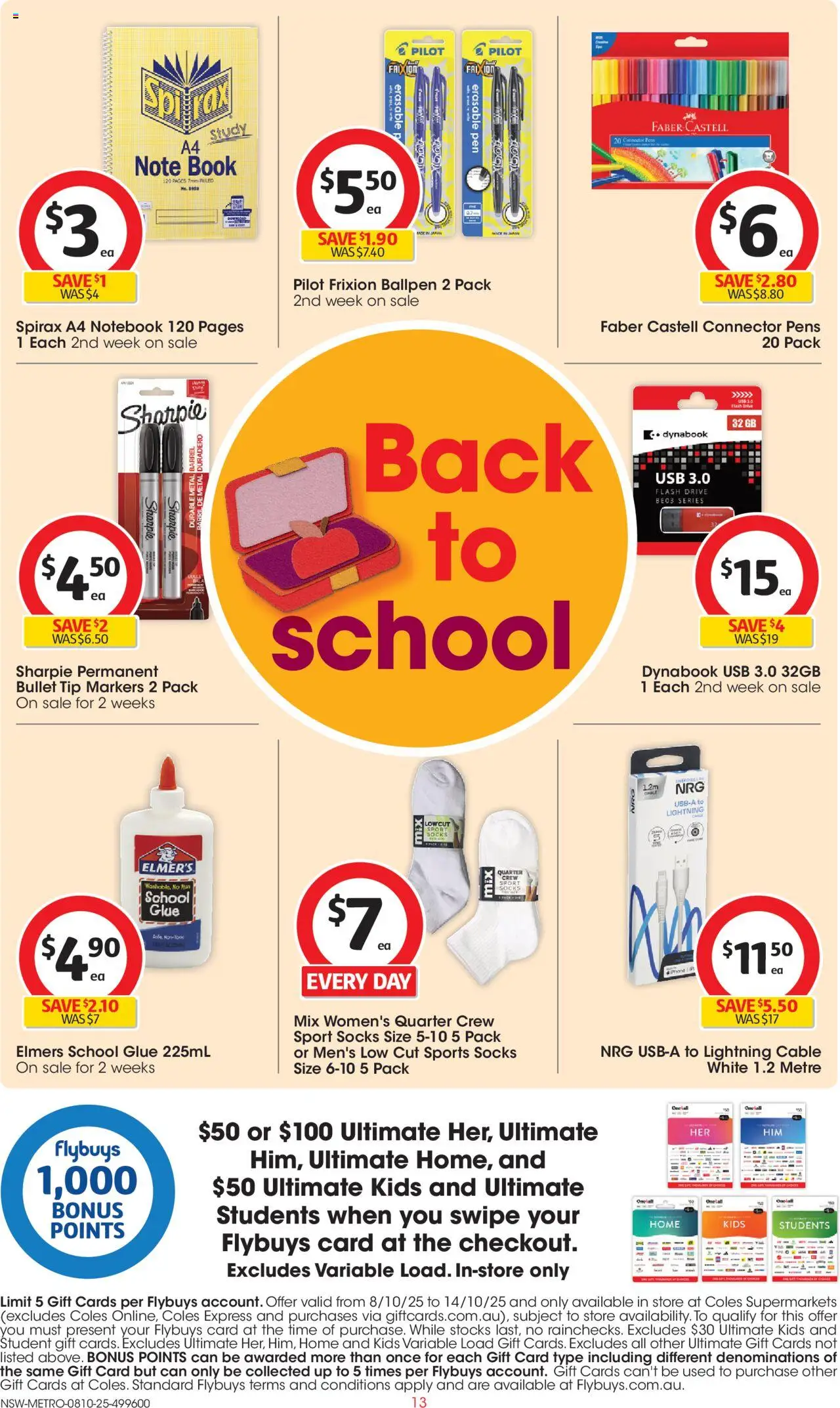 Coles catalogue - valid from 08.10.2025 | Page: 13 | Products: Socks, Notebook, Glue, Usb