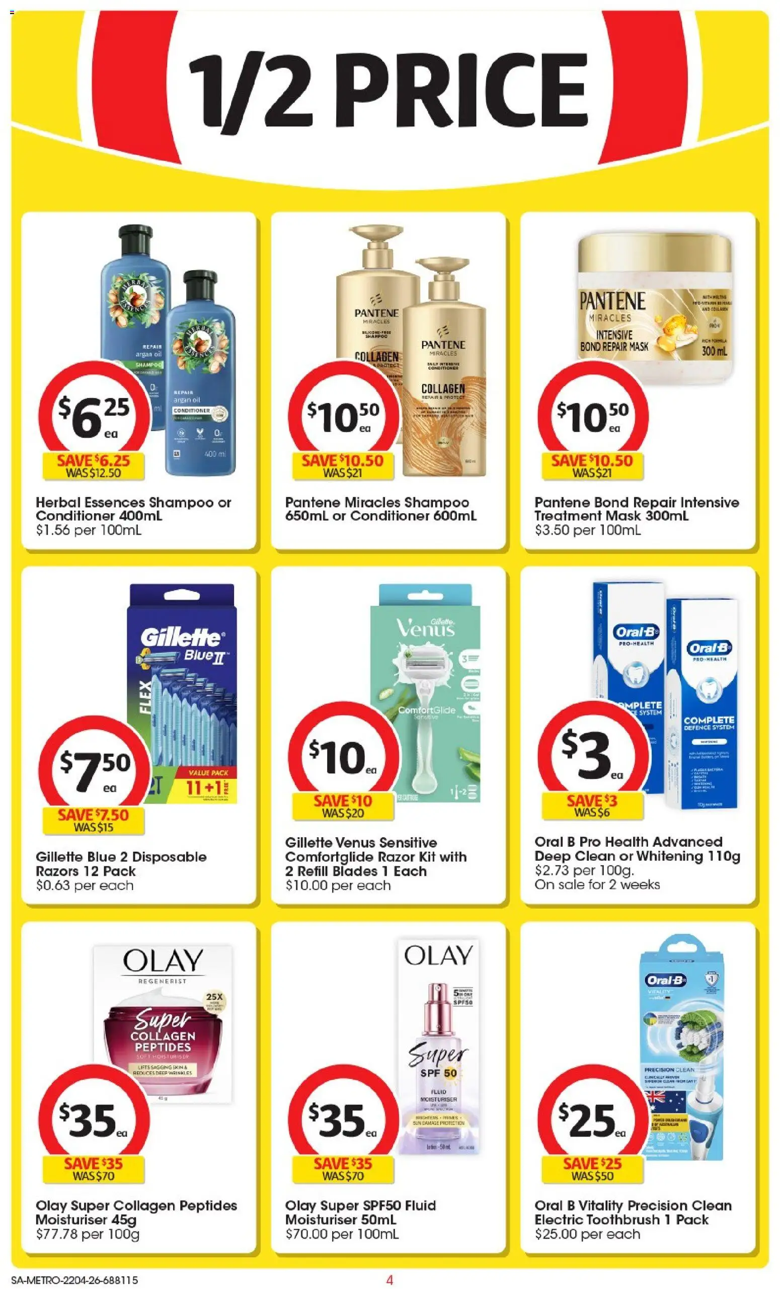 Coles catalogue - valid from 22.04.2026 | Page: 4 | Products: Shampoo, Argan oil, Toothbrush, Razors