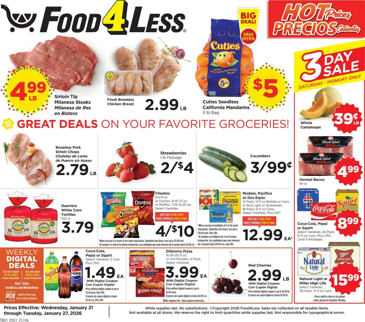 Food 4 Less Weekly Ad - valid from 21.01.2026 | Page: 1 | Products: Mandarins, Pork, Strawberries, Bag