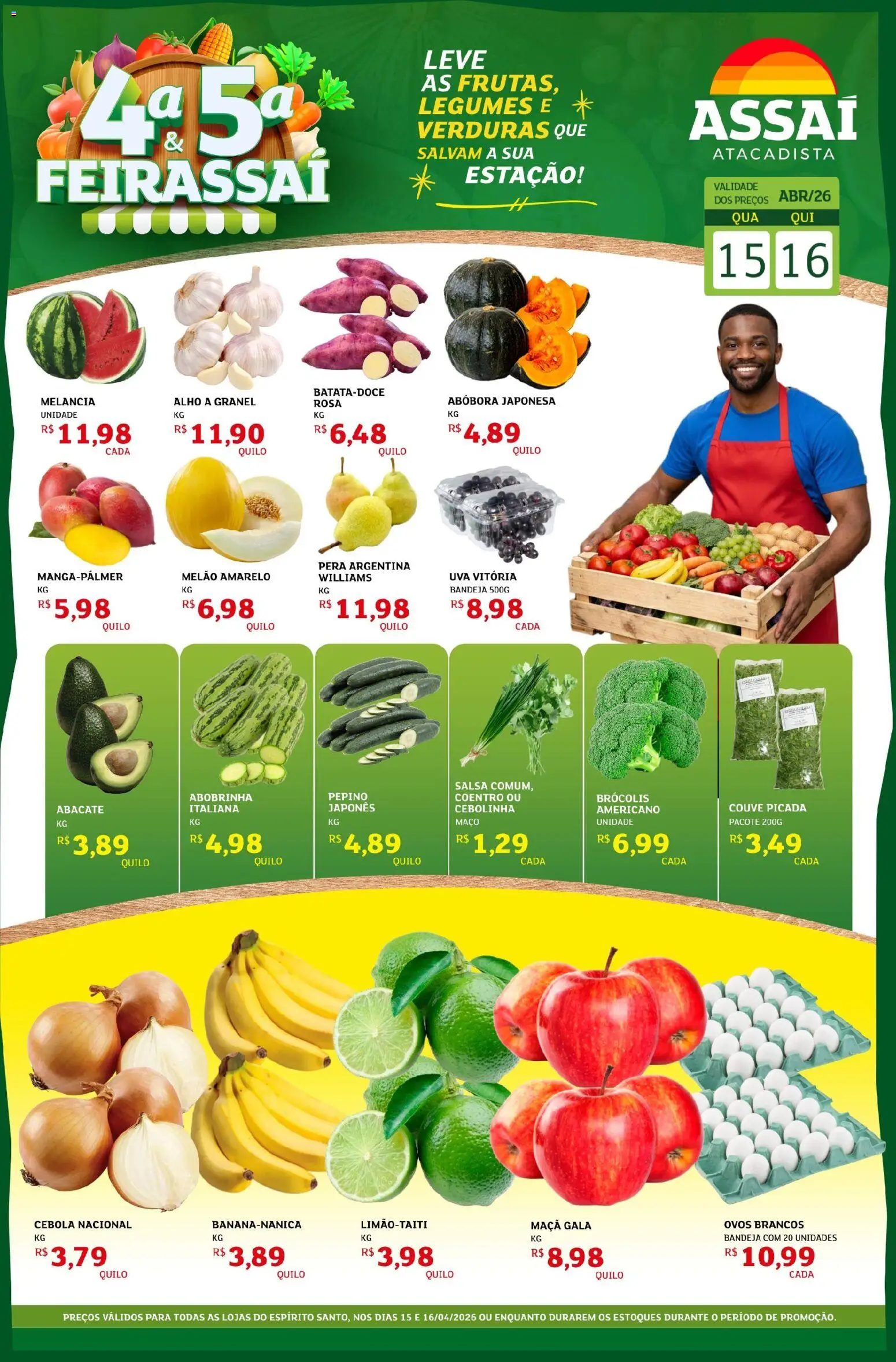 Assaí Atacadista Folheto - válido de 15.04.2026 | Página: 1 | Produtos: Melão, Cebola, Ovos, Couve