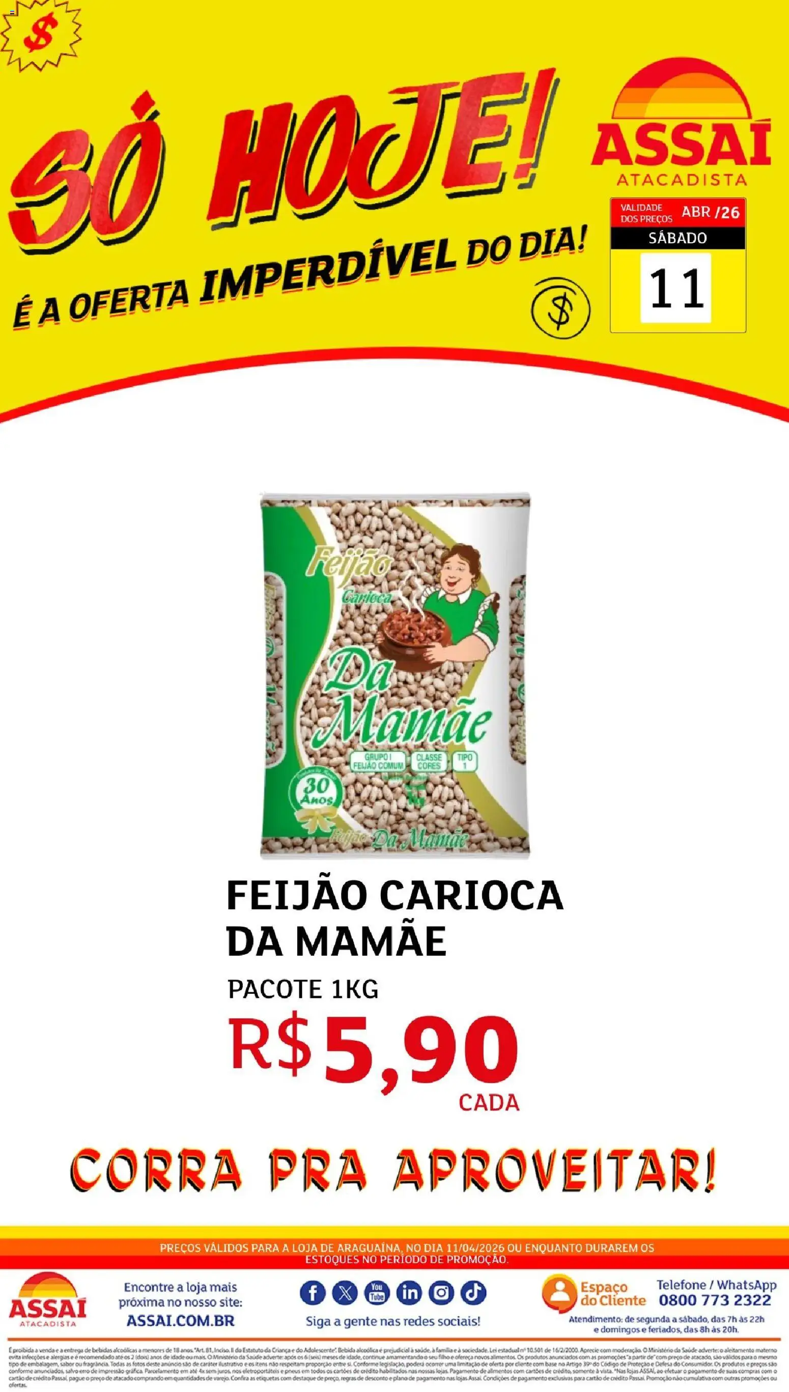 Assaí Atacadista Folheto - válido de 11.04.2026 | Página: 1 | Produtos: Feijão, Pneus, Bebida, Telefone