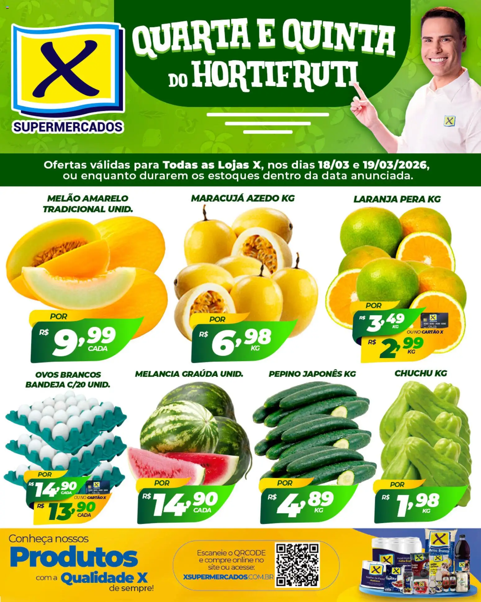 X Supermercados Folheto - válido de 18.03.2026 | Página: 1 | Produtos: Melão, Pera, Chuchu, Arroz