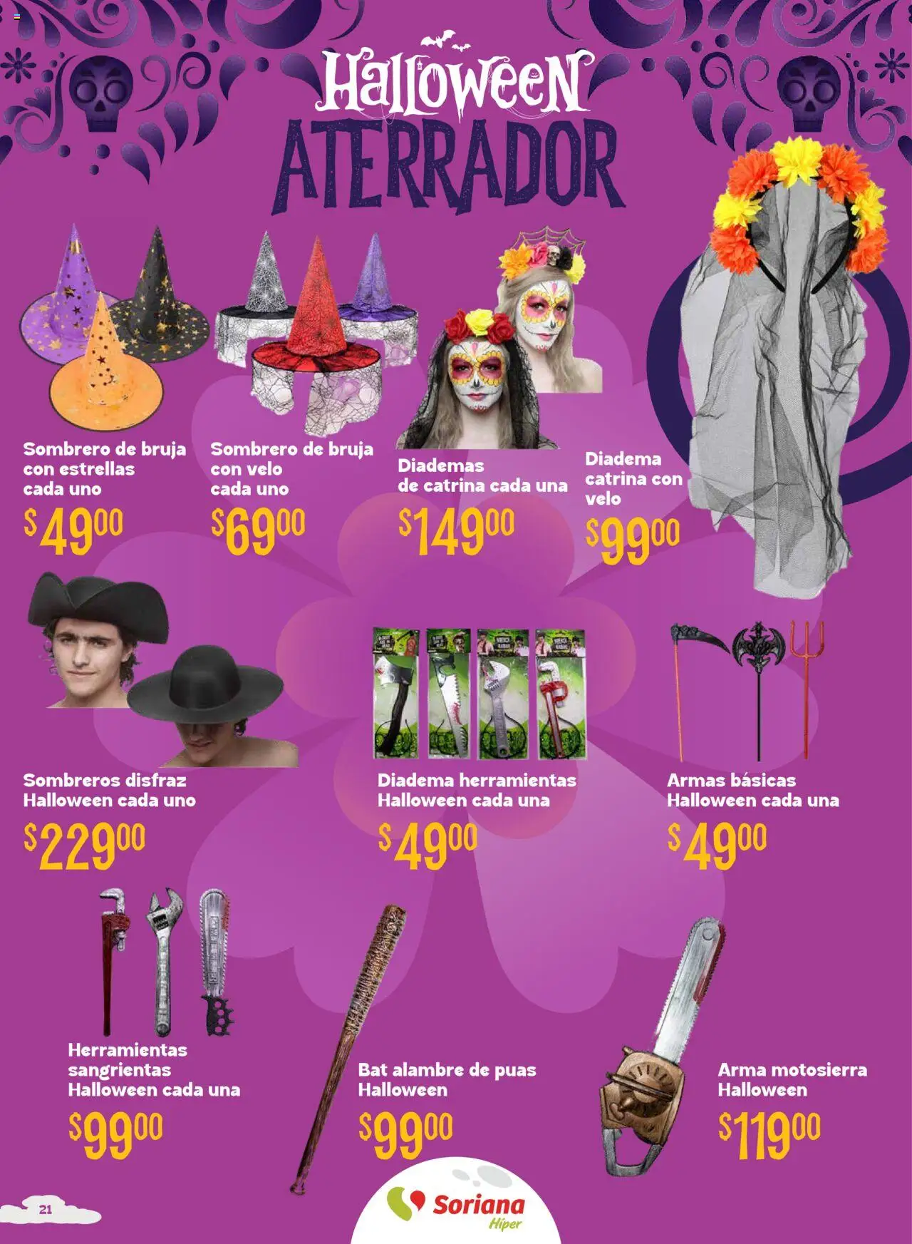 Nuevas ofertas de Soriana válidas en toda la República Mexicana desde el 25.09.2025. ¡Encuentra las mejores ofertas en Soriana - Halloween y Día de Muertos Híper Nacional! | Página: 21 | Productos: Sombrero, Motosierra