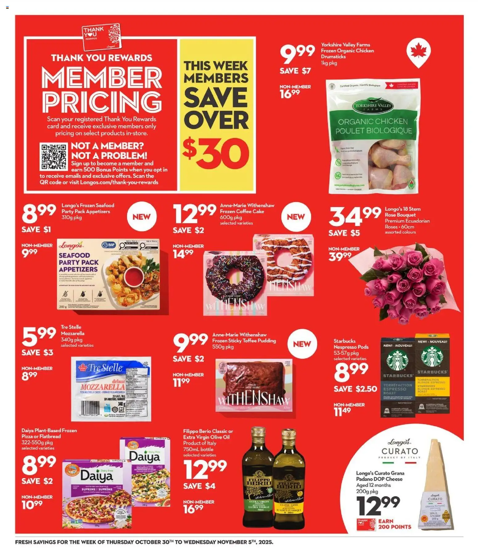 Longo's flyer valid from 30.10.2025 | Page: 8 | Products: Cheese, Oil, Pizza, Chicken