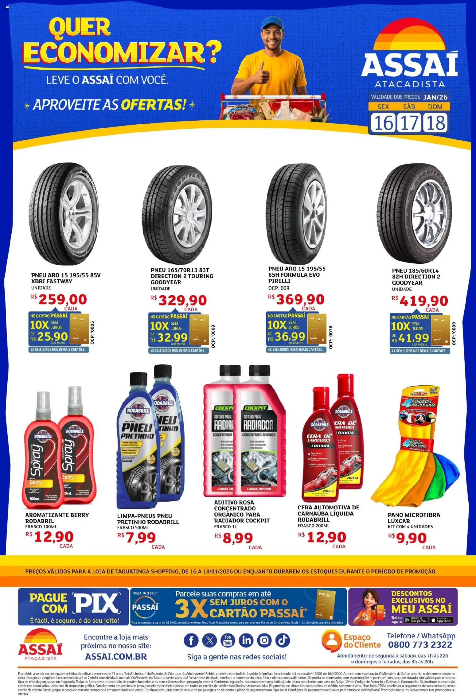 Assaí Atacadista Folheto - válido de 16.01.2026 | Página: 1 | Produtos: Pneu, Bebida, Telefone, Pirelli