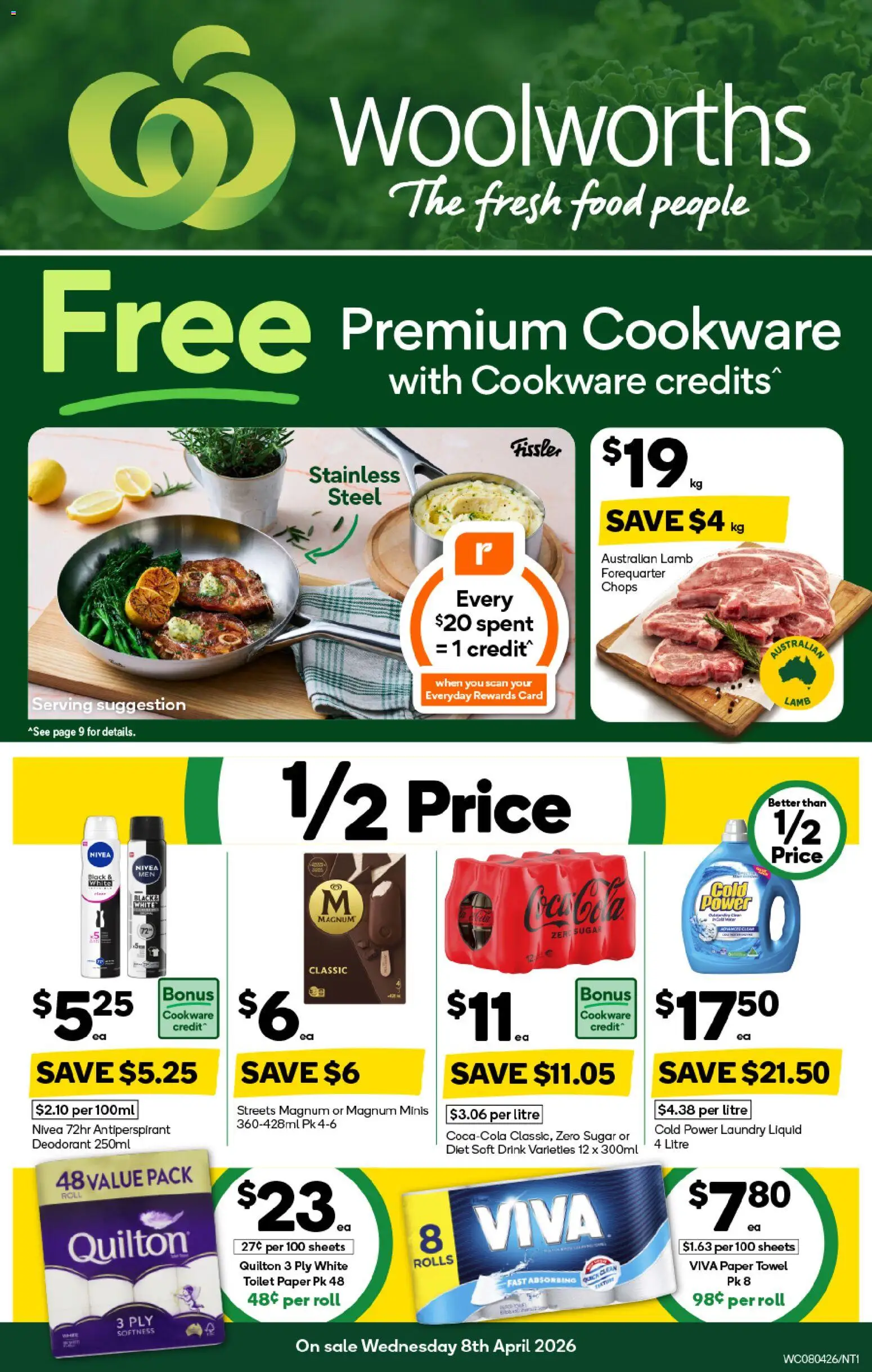Woolworths catalogue - valid from 08.04.2026 | Page: 1 | Products: Toilet, Lamb, Deodorant, Toilet paper