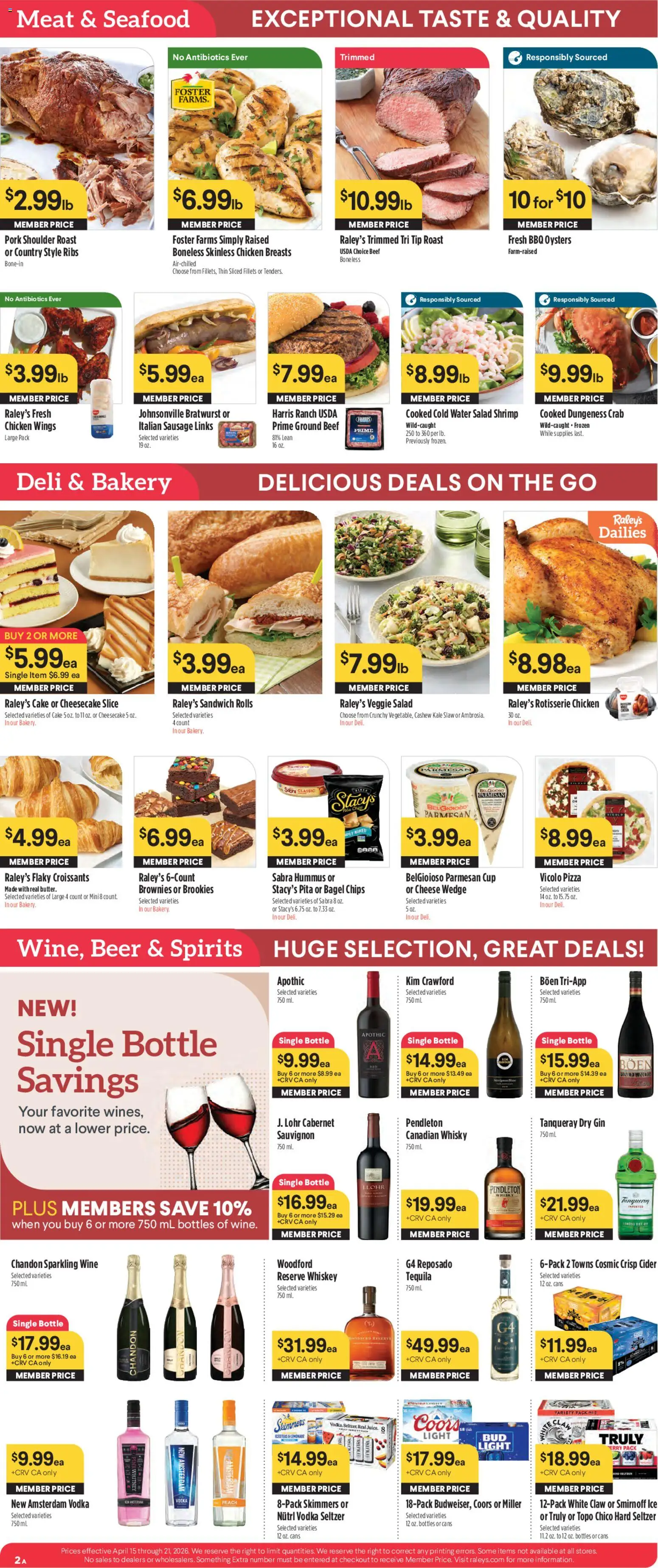 Raley's Weekly Ad - valid from 15.04.2026 | Page: 2 | Products: Beer, Water, Croissants, Cheesecake