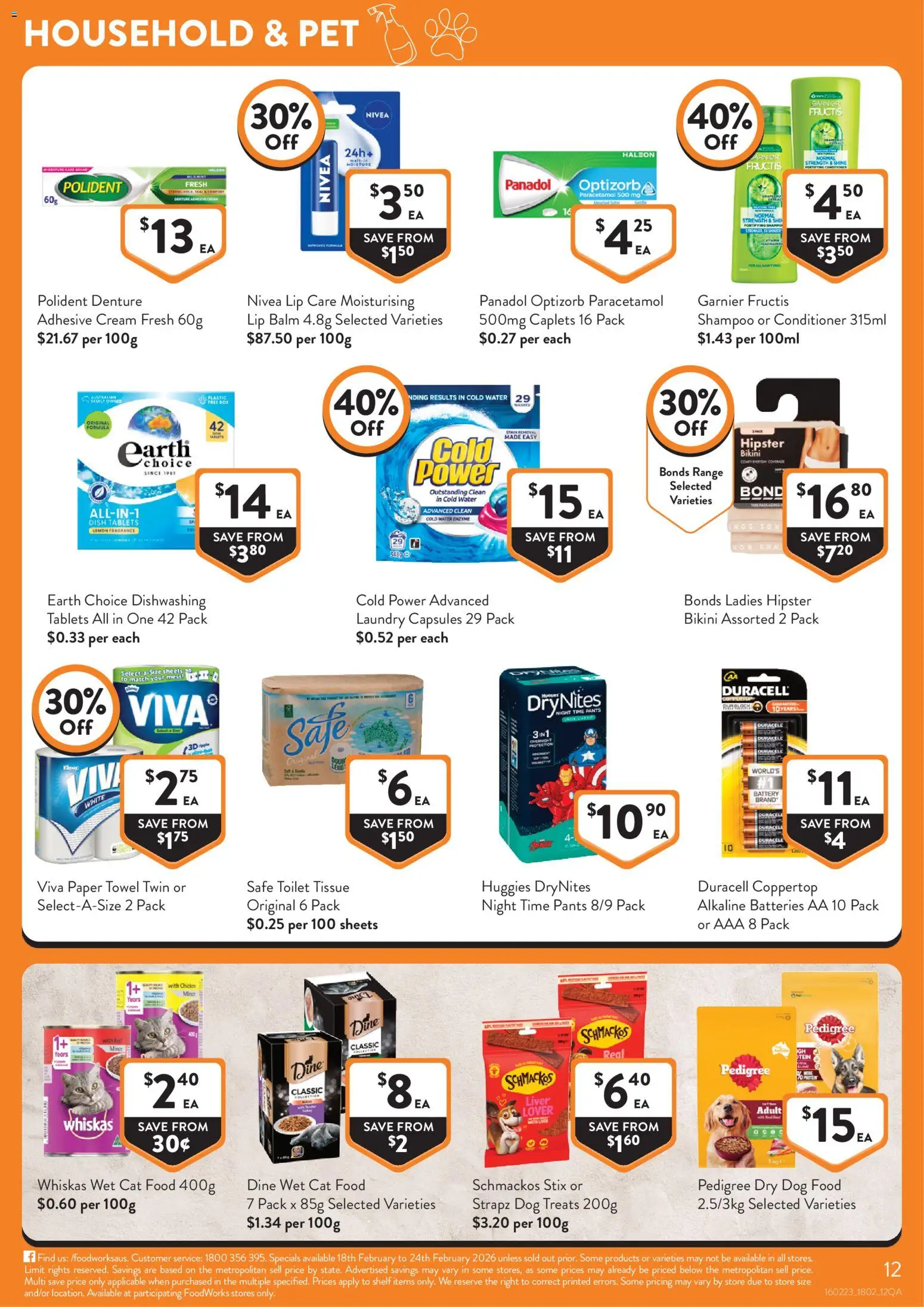 Foodworks catalogue - valid from 18.02.2026 | Page: 12 | Products: Toilet, Dog food, Water, Tablets