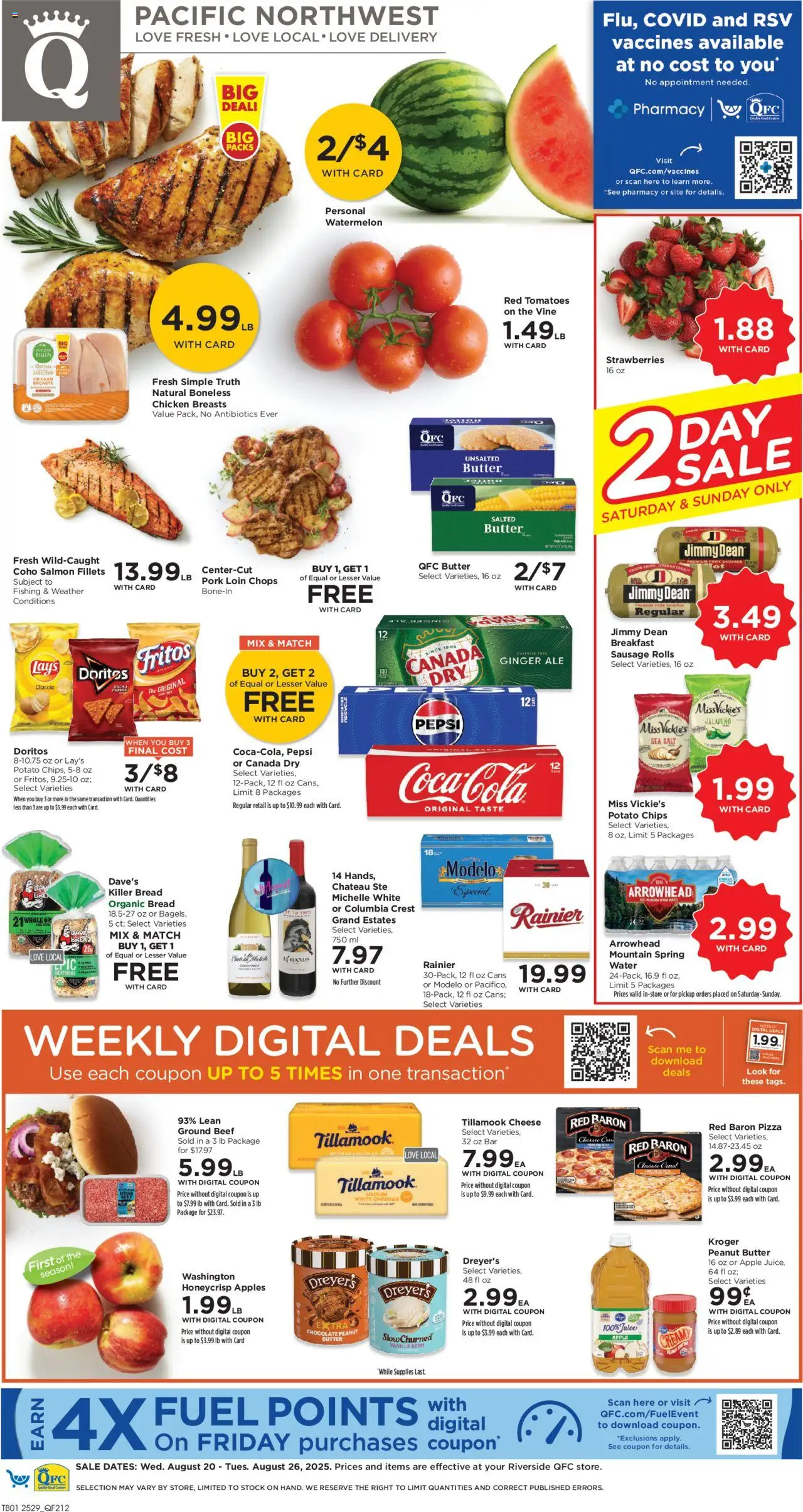 QFC Weekly Ad - WA - valid from 20.08.2025 | Page: 1 | Products: Cheese, Pizza, Apples, Water