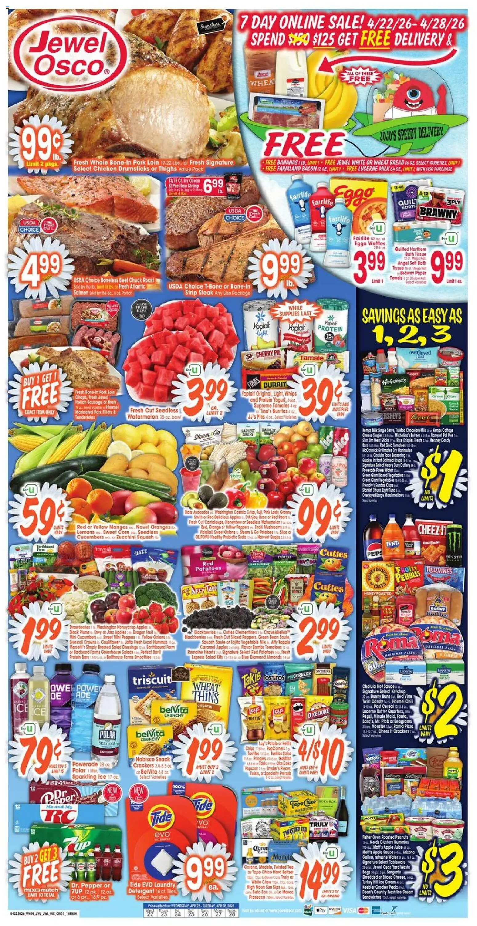Jewel Osco Weekly Ad - valid from 22.04.2026 | Page: 1 | Products: Mushrooms, Pizza, Rice, Sausage