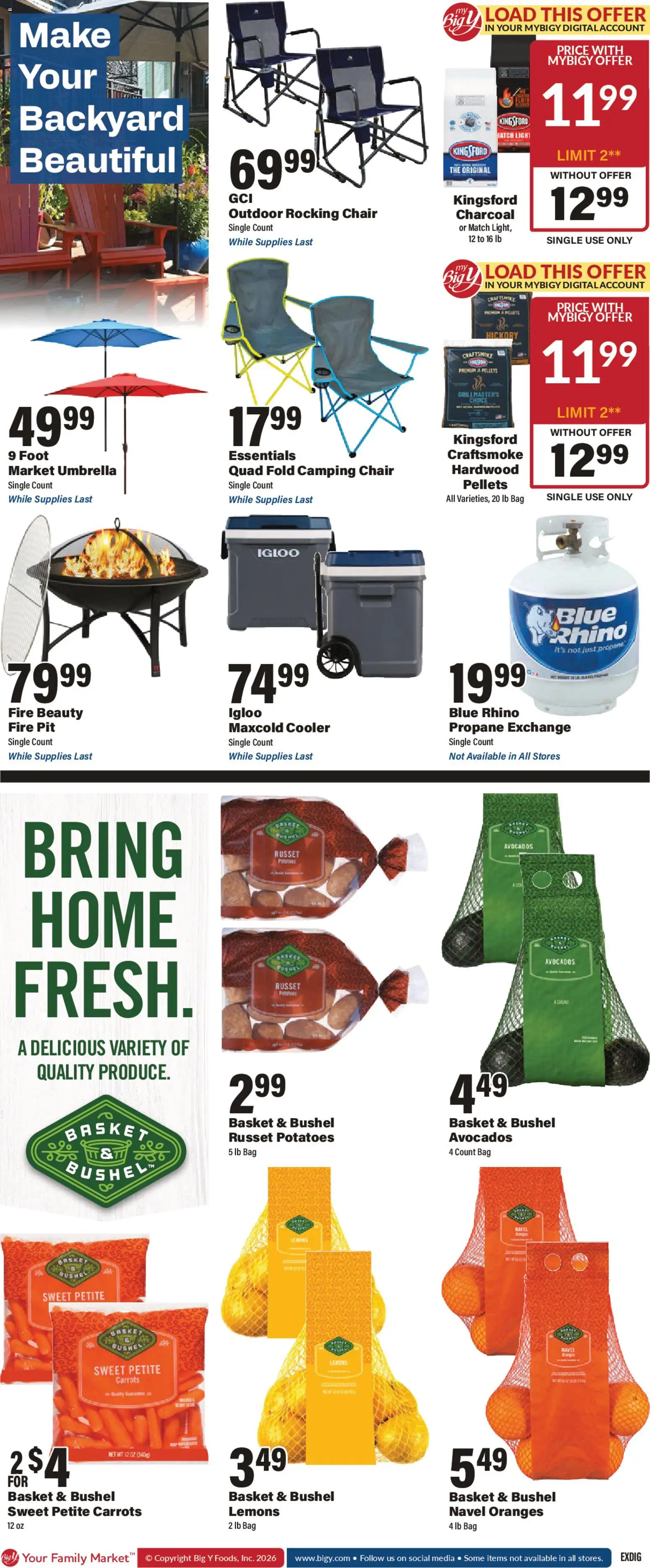 Big Y Weekly Ad - valid from 23.04.2026 | Page: 2 | Products: Basket, Oranges, Umbrella, Bag