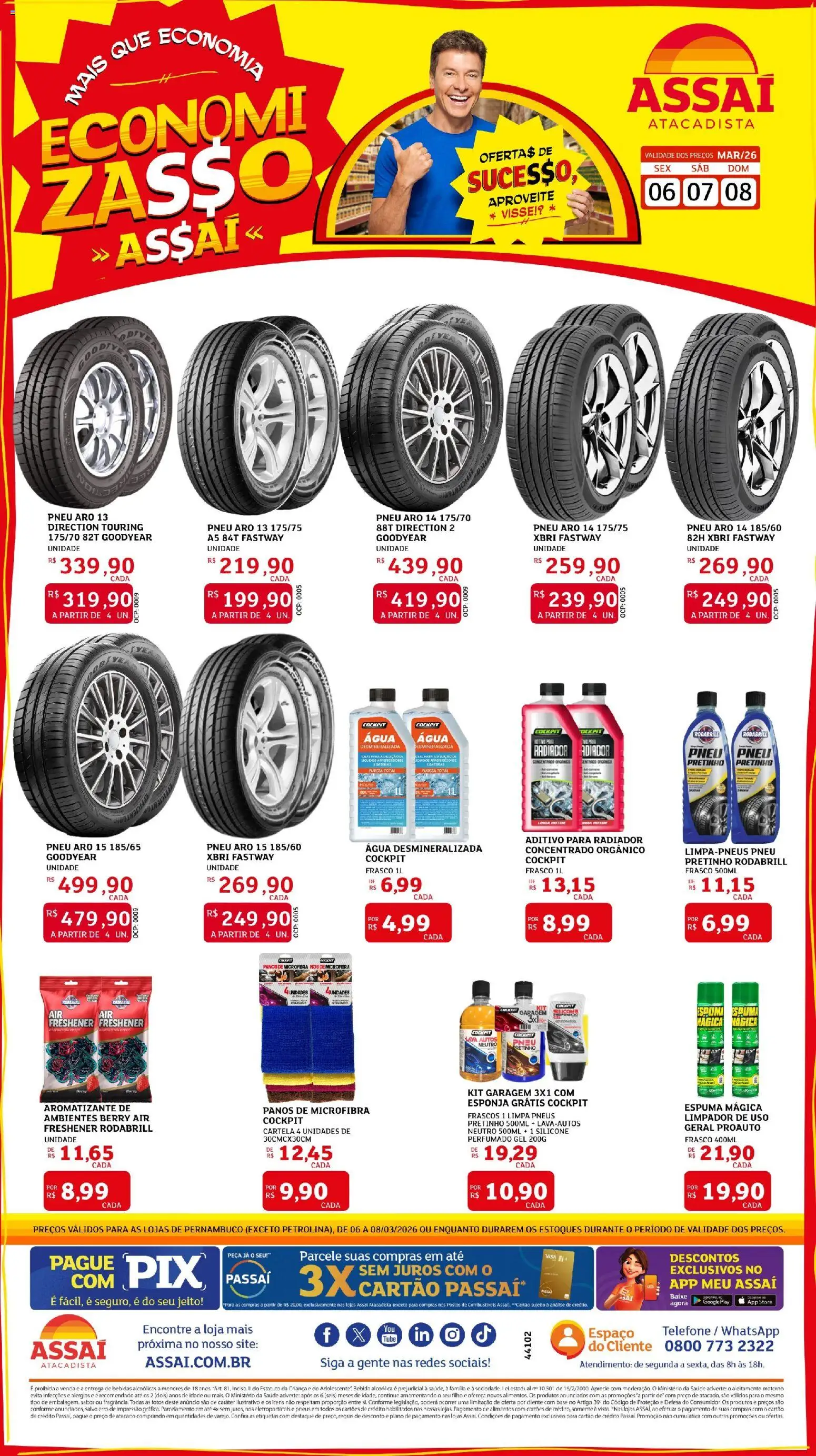 Assaí Atacadista Folheto - válido de 06.03.2026 | Página: 1 | Produtos: Pneu, Radiador, Base, Telefone