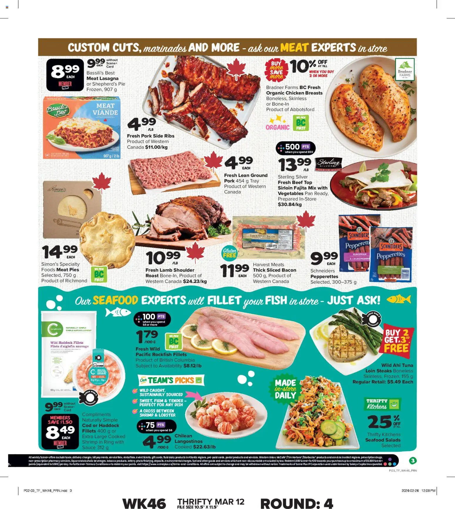 Thrifty Foods flyer valid from 12.03.2026 | Page: 4 | Products: Fish, Beef, Chicken, Pork