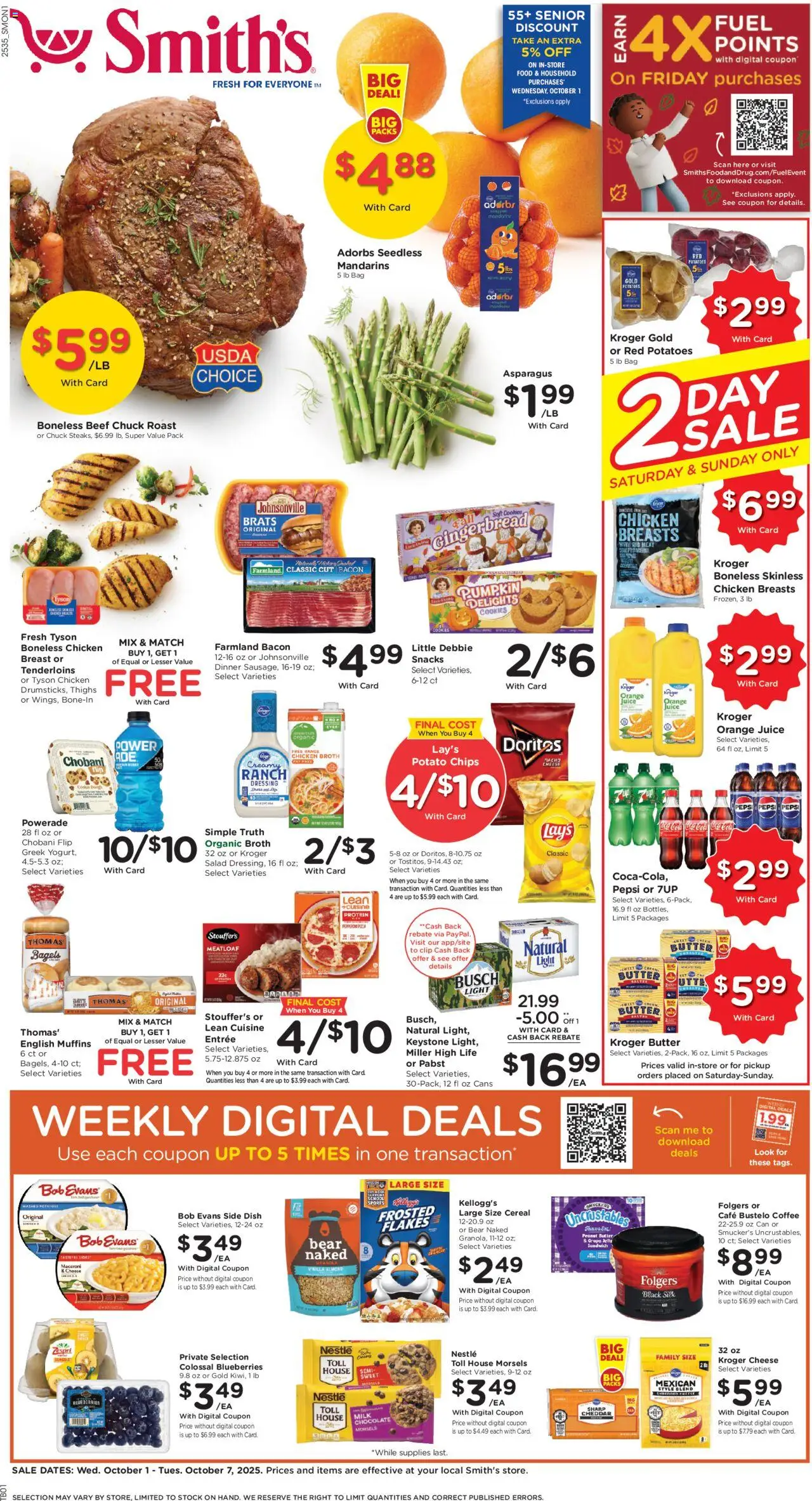 Smith's Weekly Ad - valid from 01.10.2025 | Page: 1 | Products: Mandarins, Butter, Juice, Beef