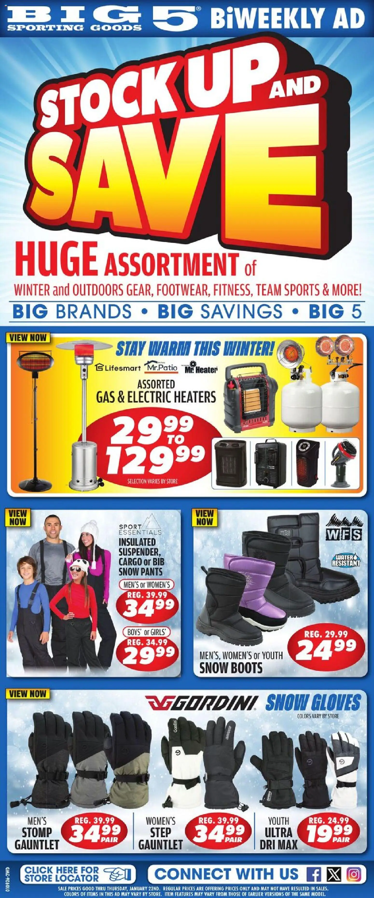 Big 5 Sporting Goods Weekly Ad - valid from 09.01.2026 | Page: 1 | Products: Pants, Water, Boots, Gloves