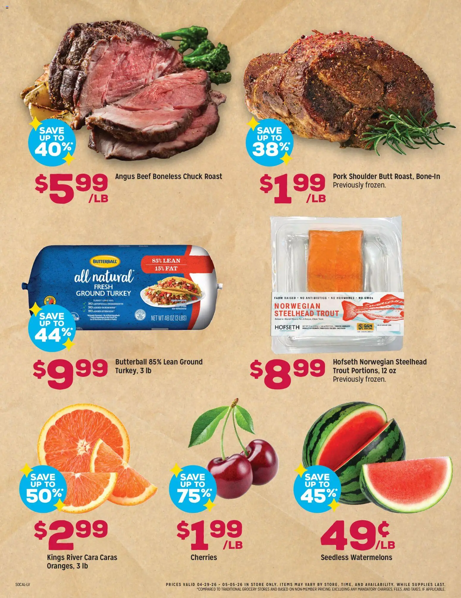 Grocery Outlet Weekly Ad - CA - valid from 29.04.2026 | Page: 3 | Products: Cherries, Pork, Beef, Poultry