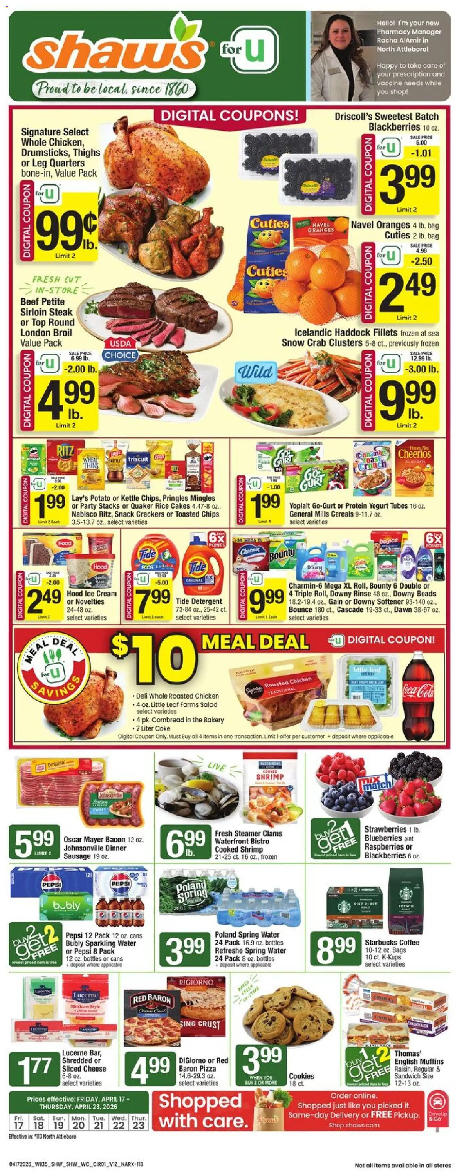 Shaw's Weekly Ad - valid from 17.04.2026 | Page: 1 | Products: Rice, Cookies, Ice cream, Kettle