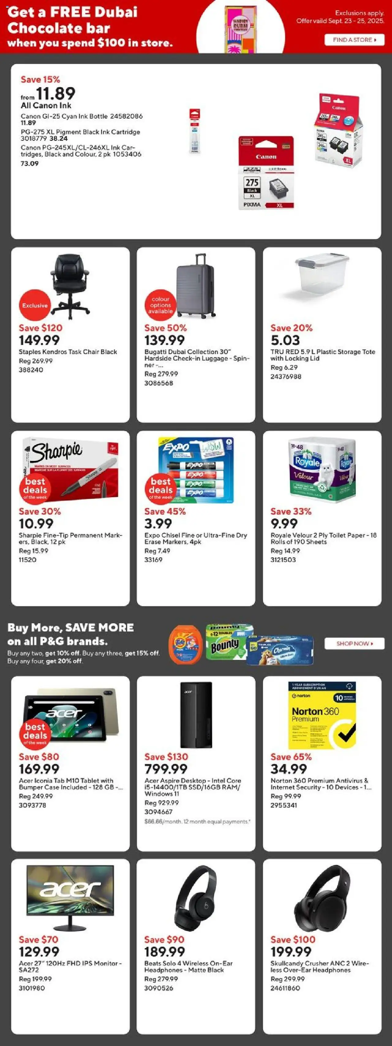 Staples flyer valid from 19.09.2025 | Page: 2 | Products: Luggage, Monitor, Headphones, Chocolate