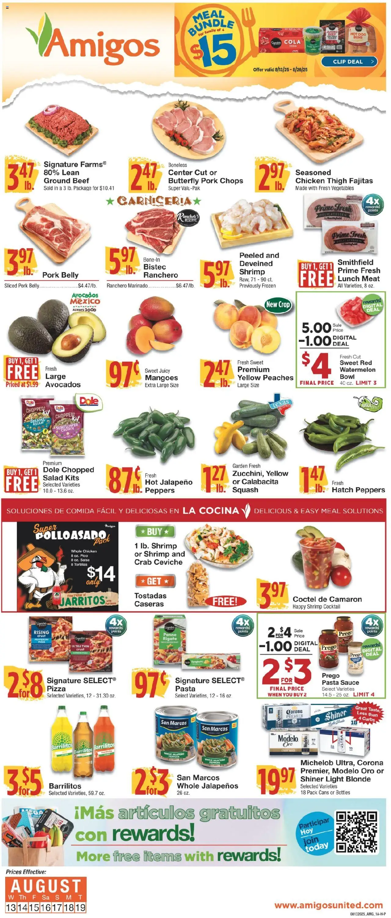 United Supermarkets Ad - valid from 12.08.2025 | Page: 1 | Products: Peaches, Peppers, Pizza, Beef