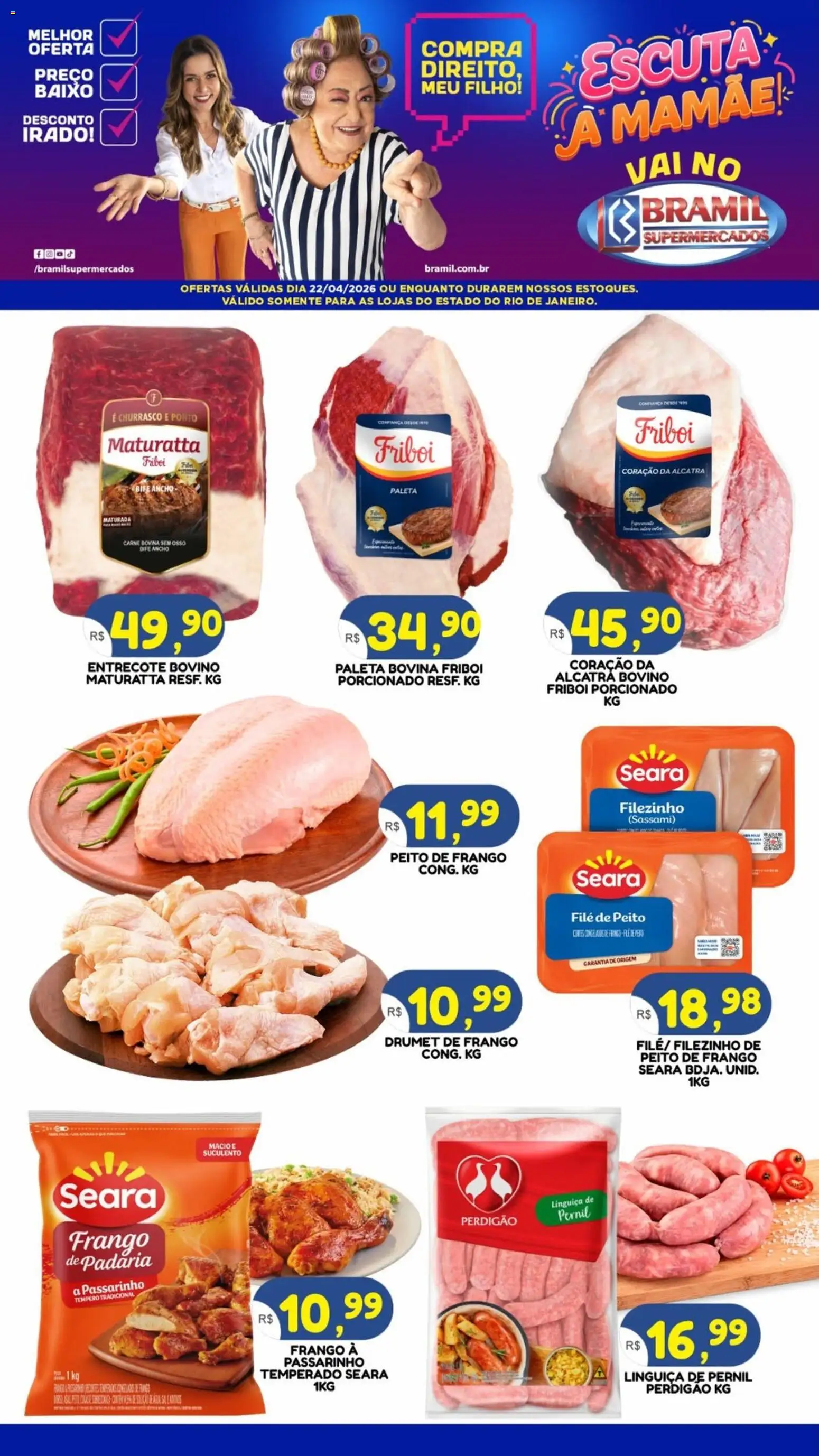 Bramil Supermercados Folheto - válido de 22.04.2026 | Página: 1 | Produtos: Linguiça, Alcatra, Baixo, Frango