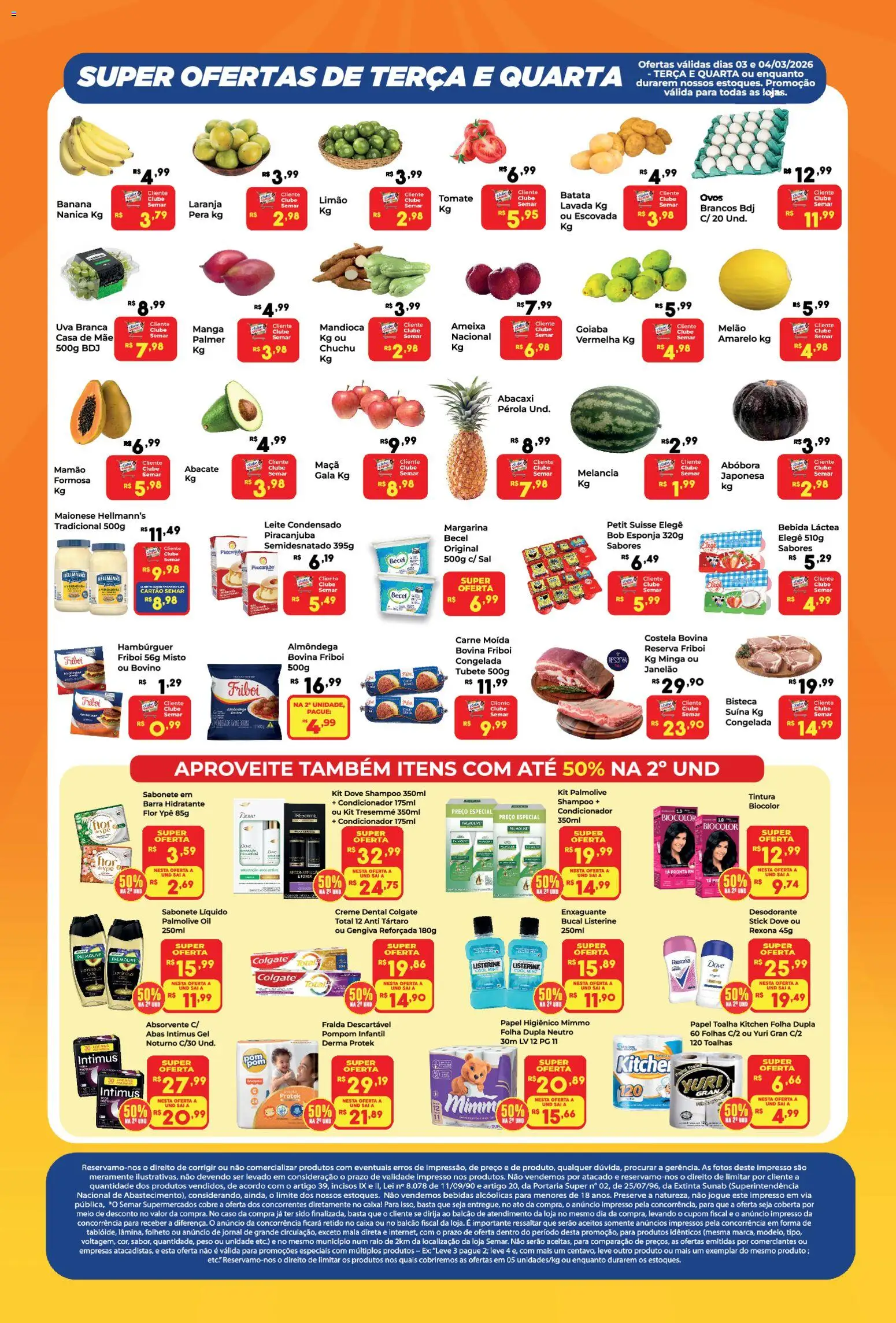 Semar Supermercado Folheto - válido de 03.03.2026 | Página: 2 | Produtos: Leite, Creme, Maionese, Carne moída