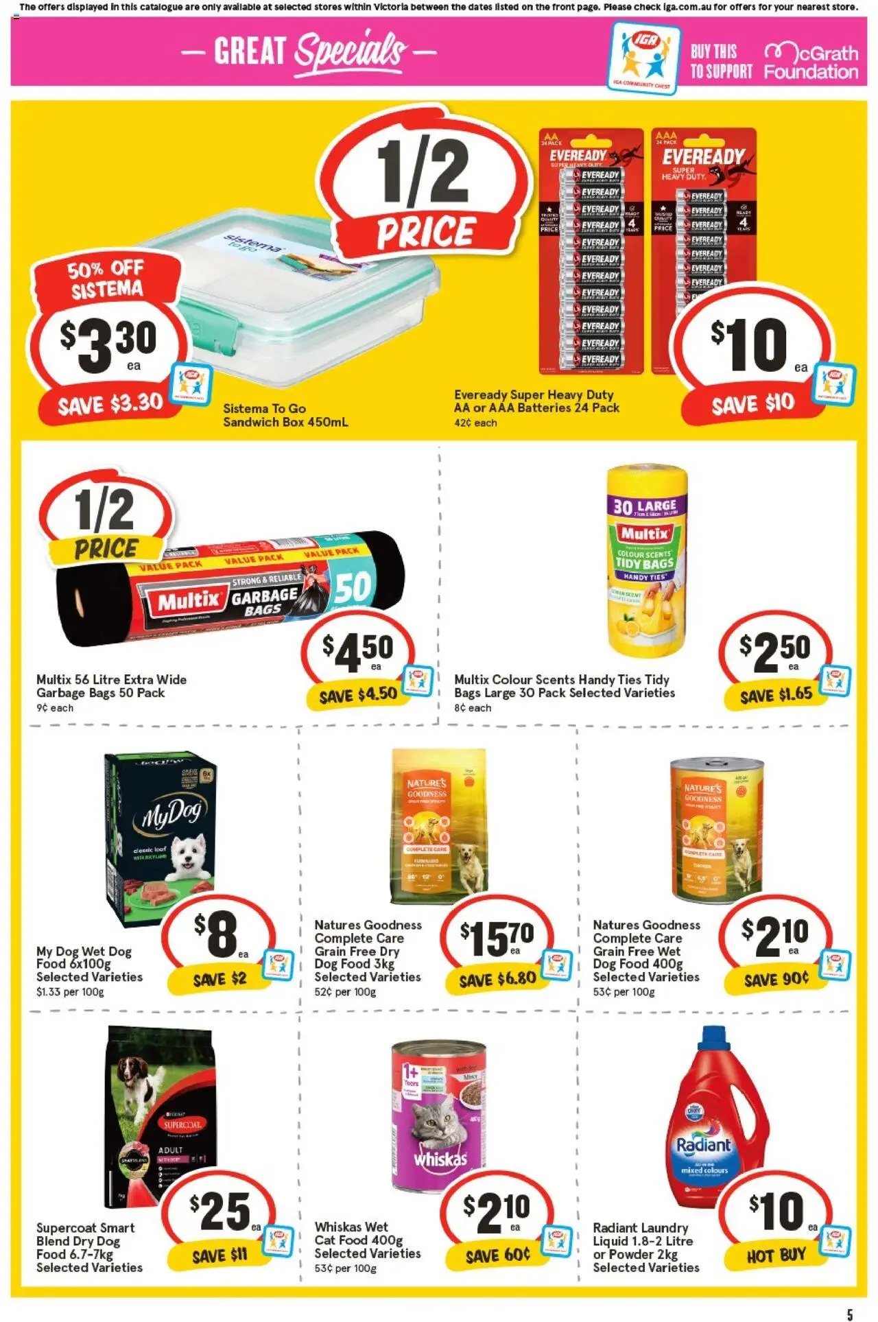 IGA catalogue - valid from 24.09.2025 | Page: 8 | Products: Garbage bags, Dog food, Batteries, Foundation