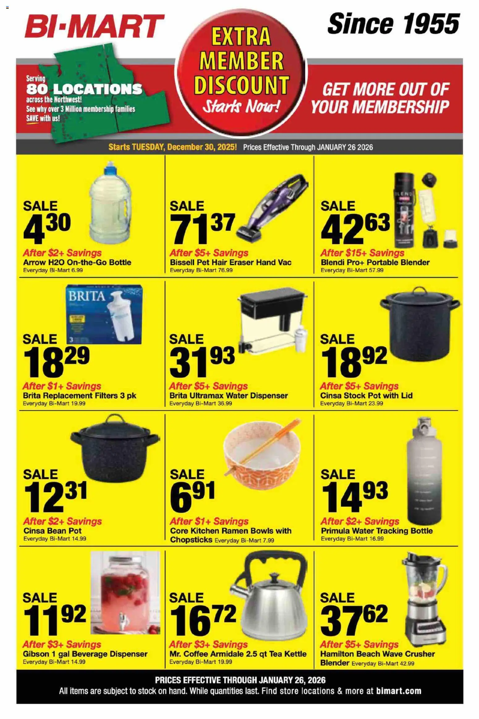Bi-Mart Extra Savings - valid from 30.12.2025 | Page: 1 | Products: Eraser, Tea Kettle, Coffee, Blender