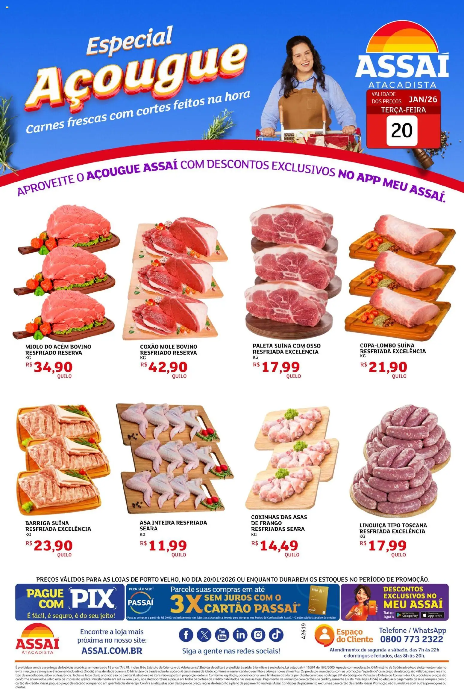 Assaí Atacadista Folheto - válido de 20.01.2026 | Página: 1 | Produtos: Linguiça, Acém, Pneus, Telefone