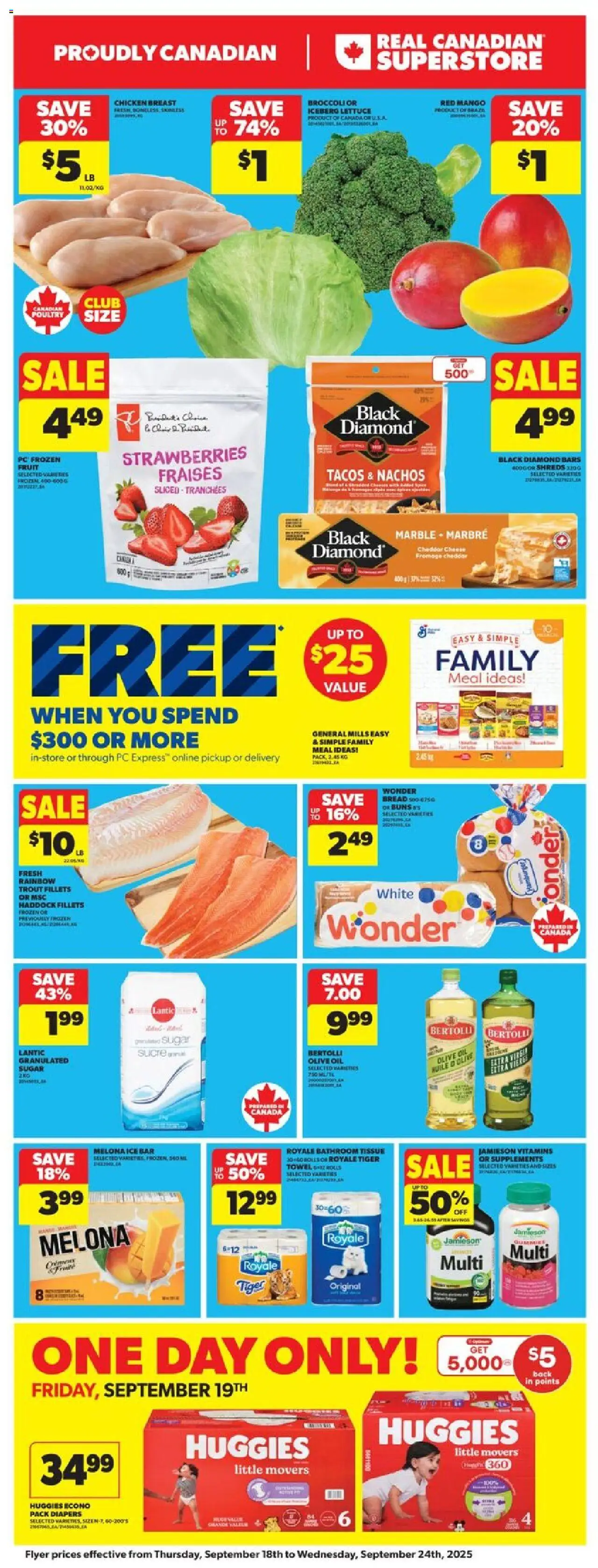 Real Canadian Superstore flyer valid from 18.09.2025 | Page: 3 | Products: Strawberries, Cheese, Bread, Chicken