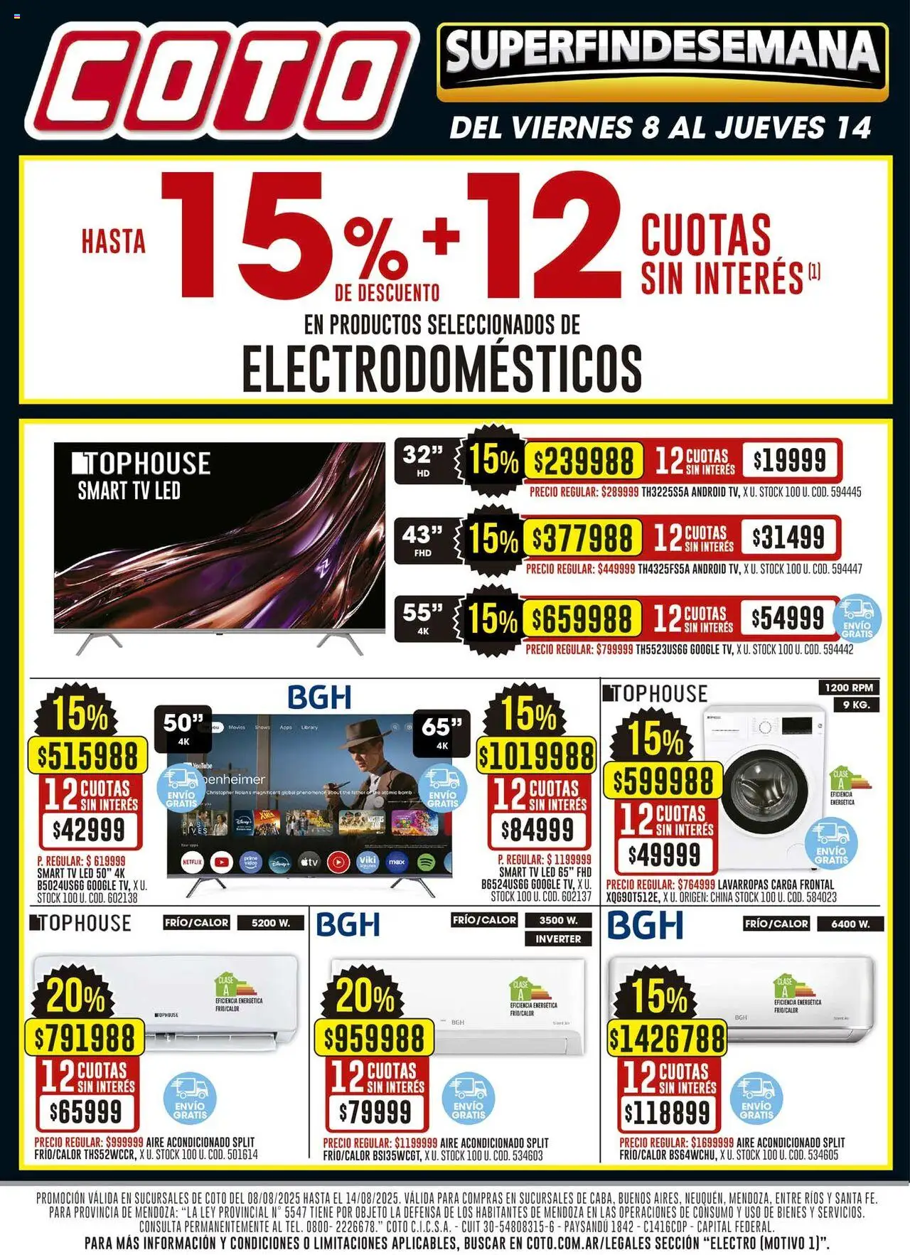 Coto ofertas electro │ válido desde el 08.08.2025 | Página: 1 | Productos: Aire acondicionado, Lavarropas