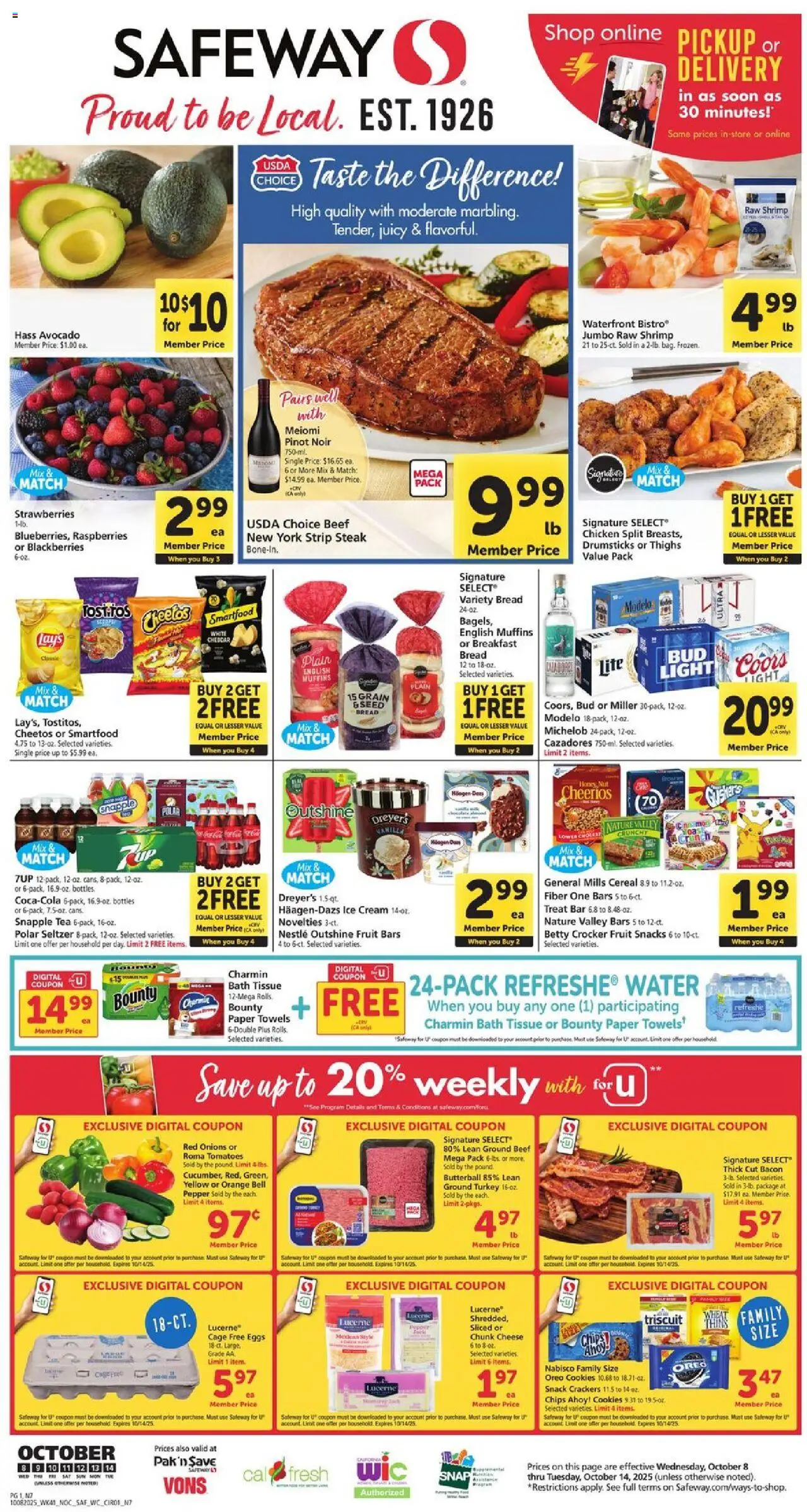 Safeway Weekly Ad - valid from 08.10.2025 | Page: 1 | Products: Eggs, Beef, Strawberries, Cookies