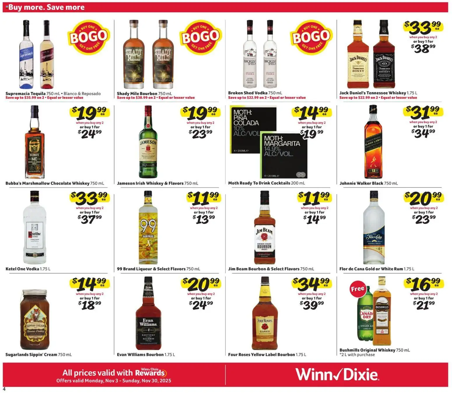 Winn Dixie Alcohol Flyer - valid from 03.11.2025 | Page: 4 | Products: Ginger, Bananas, Cream, Whiskey