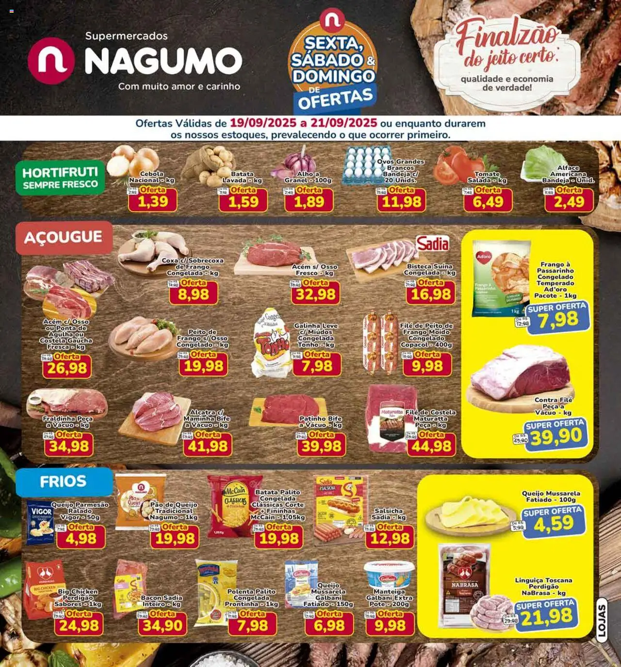Nagumo Folheto - válido de 19.09.2025 | Página: 1 | Produtos: Salsicha, Contra filé, Mussarela, Pão de queijo