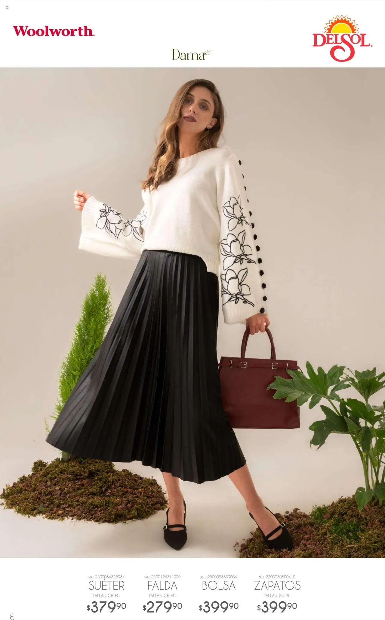 Nuevas ofertas de Del Sol y Woolworth válidas en toda la República Mexicana desde el 06.10.2025. ¡Encuentra las mejores ofertas en Del Sol y Woolworth - Catálogo Luce El Otoño! | Página: 6 | Productos: Suéter, Bolsa, Zapatos, Falda