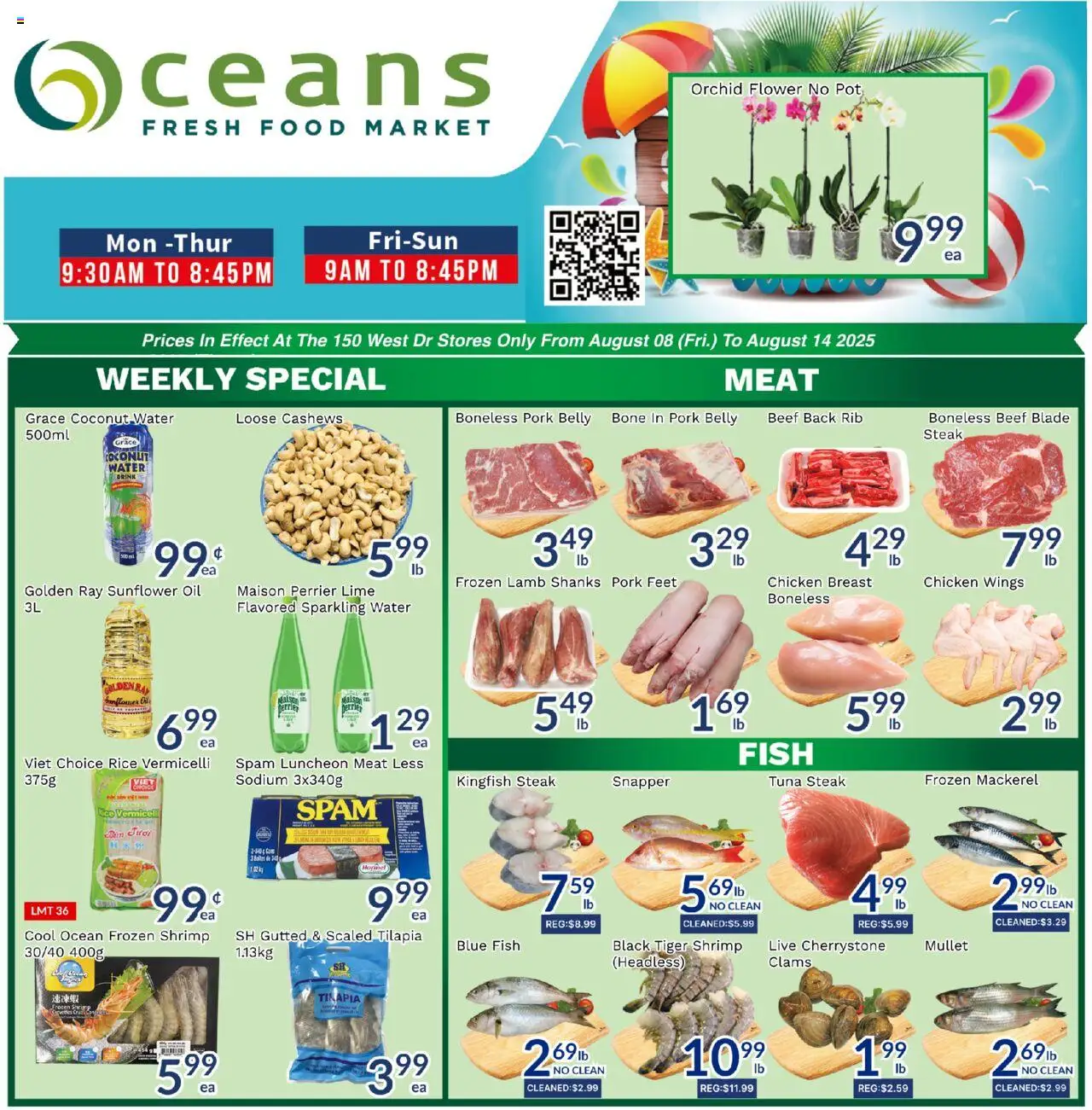 Oceans flyer valid from 08.08.2025 | Page: 1 | Products: Beef, Chicken wings, Oil, Chicken