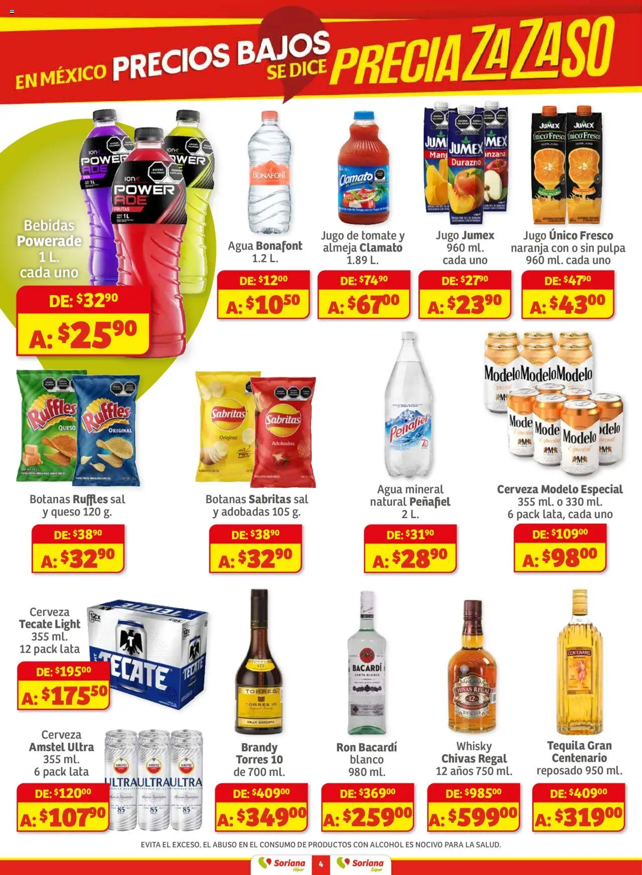 Nuevas ofertas de Soriana válidas en toda la República Mexicana desde el 01.08.2025. ¡Encuentra las mejores ofertas en Soriana - Preciazazaso Súper Valle de México! | Página: 4 | Productos: Sal, Agua, Jugo, Whisky