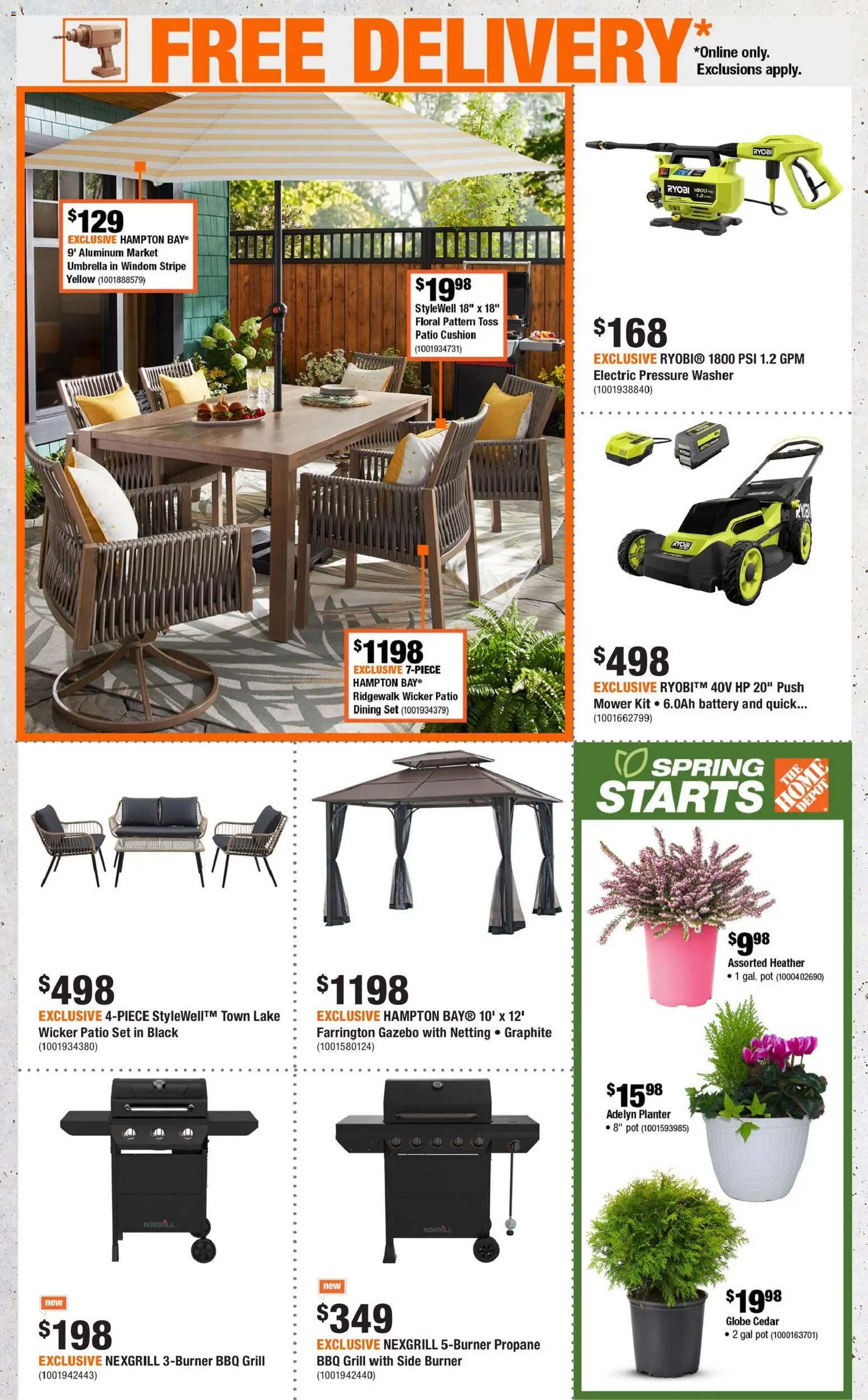 Home Depot flyer valid from 26.02.2026 | Page: 2 | Products: Umbrella, Grill, Mower, Battery