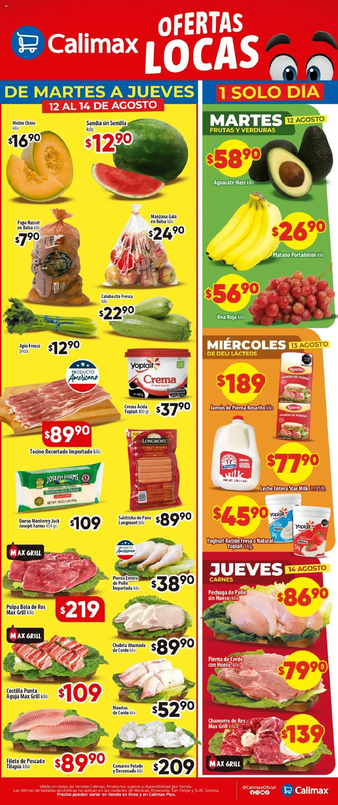 Nuevas ofertas de Calimax válidas en toda la República Mexicana desde el 12.08.2025. ¡Encuentra las mejores ofertas en Calimax - Folleto Martes a Jueves! | Página: 1 | Productos: Pollo, Sandía, Crema, Uva