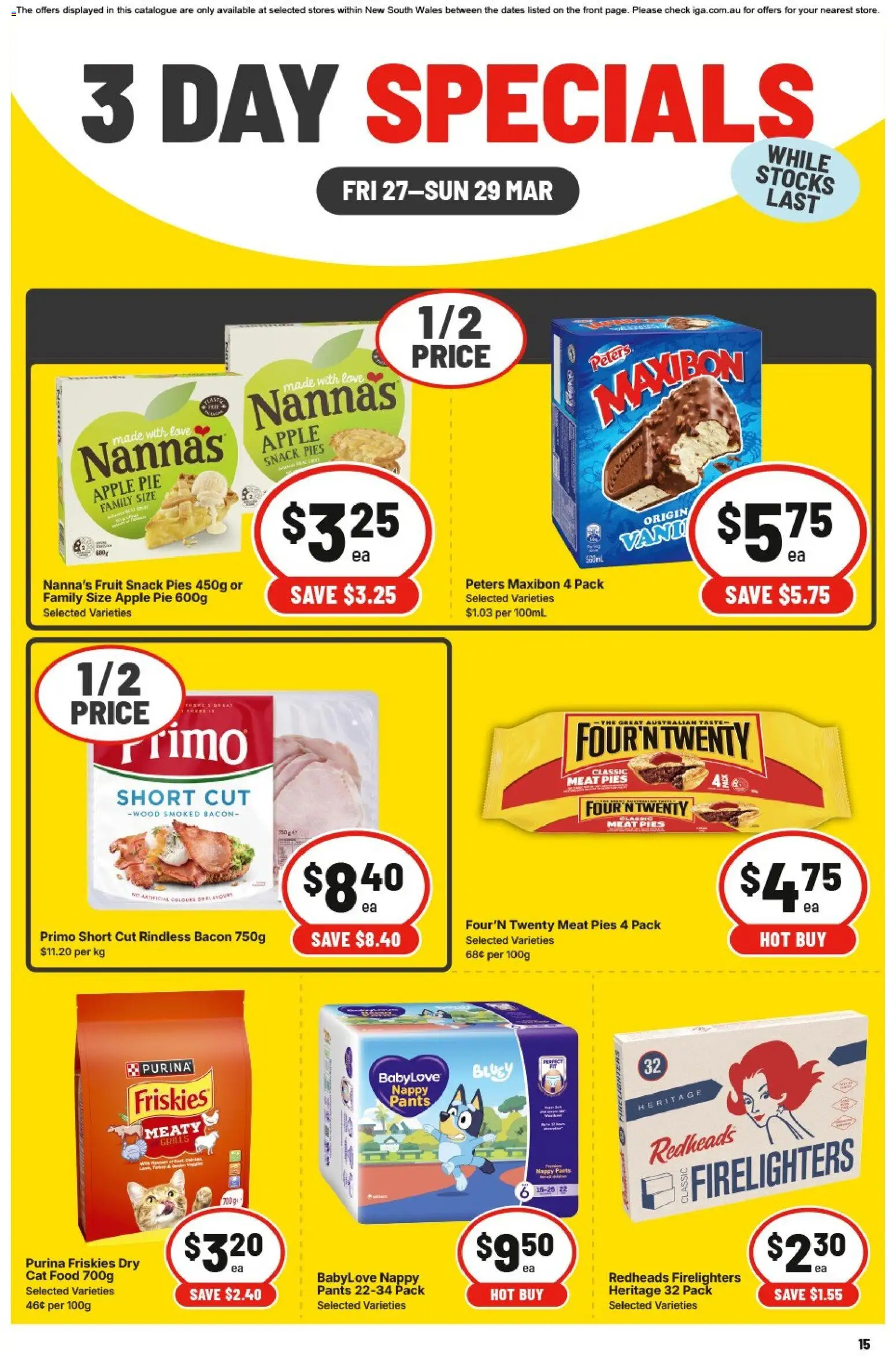 IGA catalogue - valid from 27.03.2026 | Page: 3 | Products: Bacon, Wood, Pants, Pies