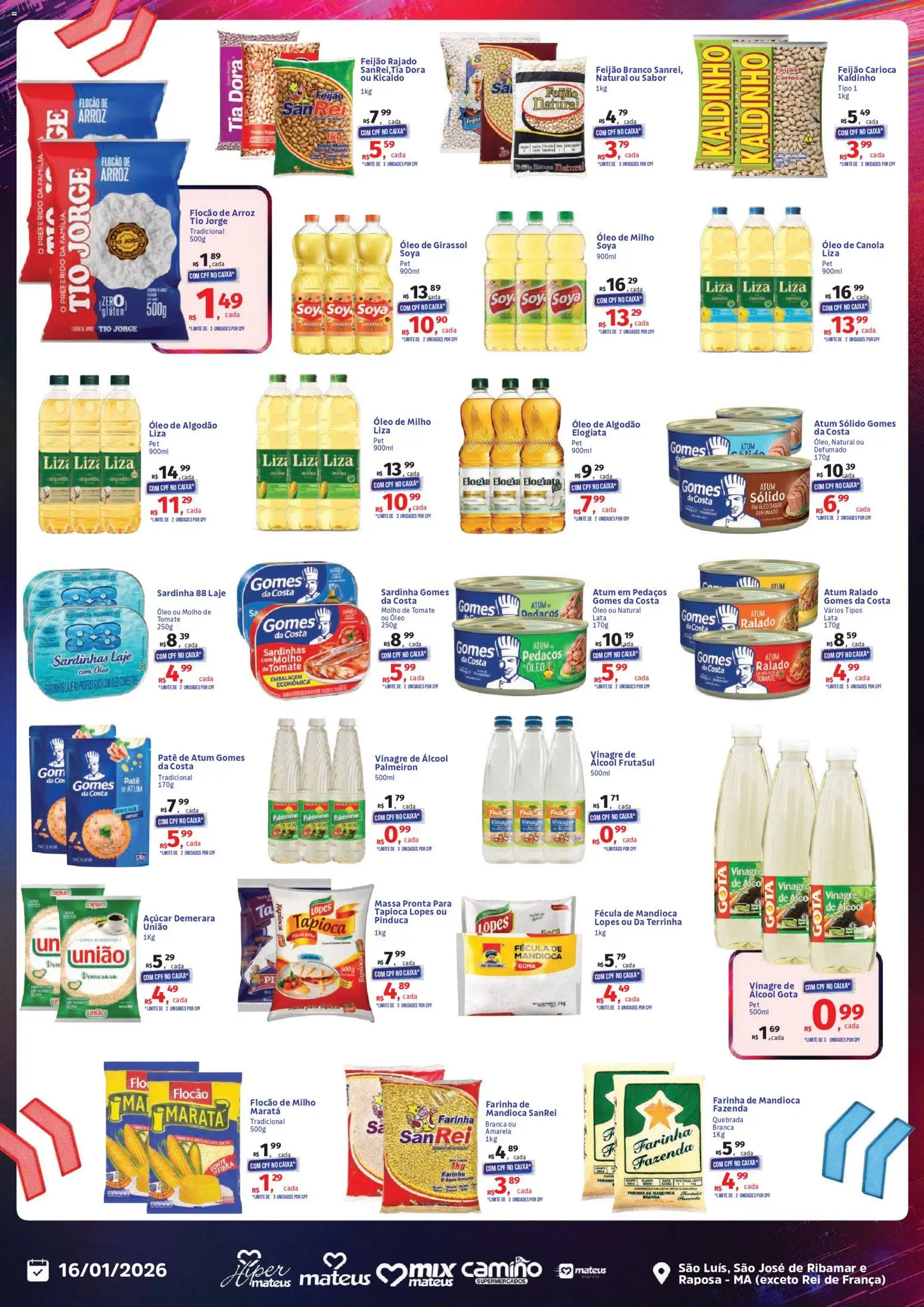 Mateus Folheto - válido de 16.01.2026 | Página: 2 | Produtos: Feijão, Mandioca, Vinagre, Algodão
