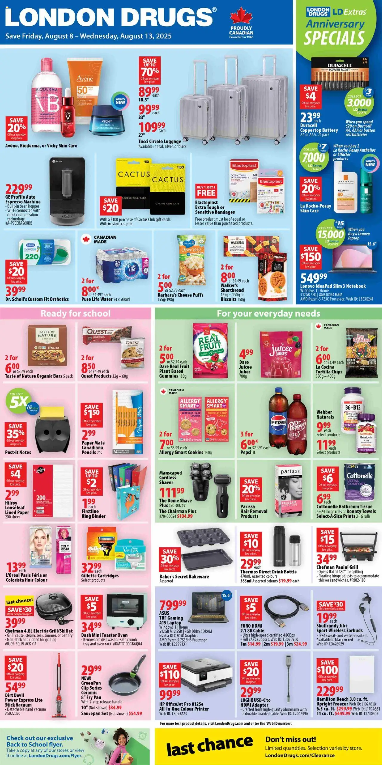 London Drugs flyer valid from 08.08.2025 | Page: 1 | Products: Freezer, Grill, Battery, Cheese