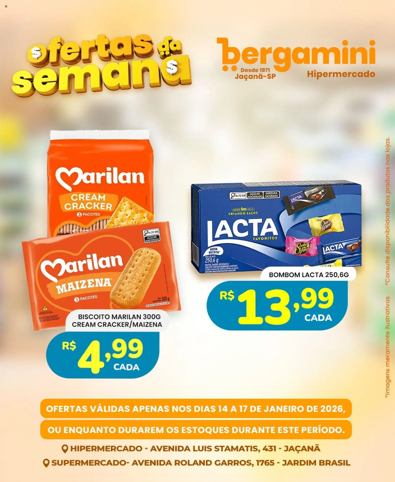 Supermercado Bergamini Folheto - válido de 14.01.2026 | Página: 13 | Produtos: Biscoito, Açúcar, Cream cracker, Bombom