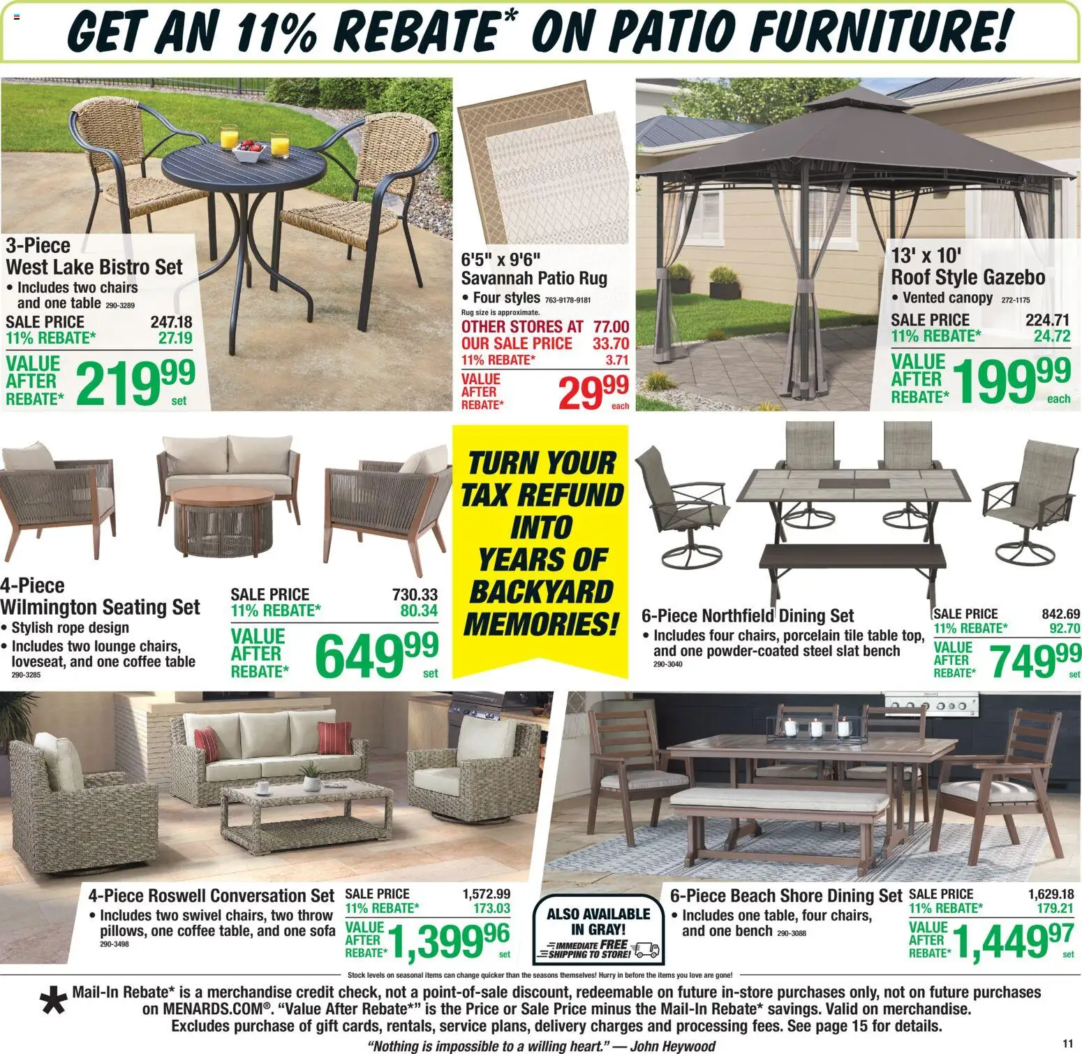 Menards Weekly Ad - valid from 16.04.2026 | Page: 11 | Products: Sofa, Coffee table, Table, Swivel
