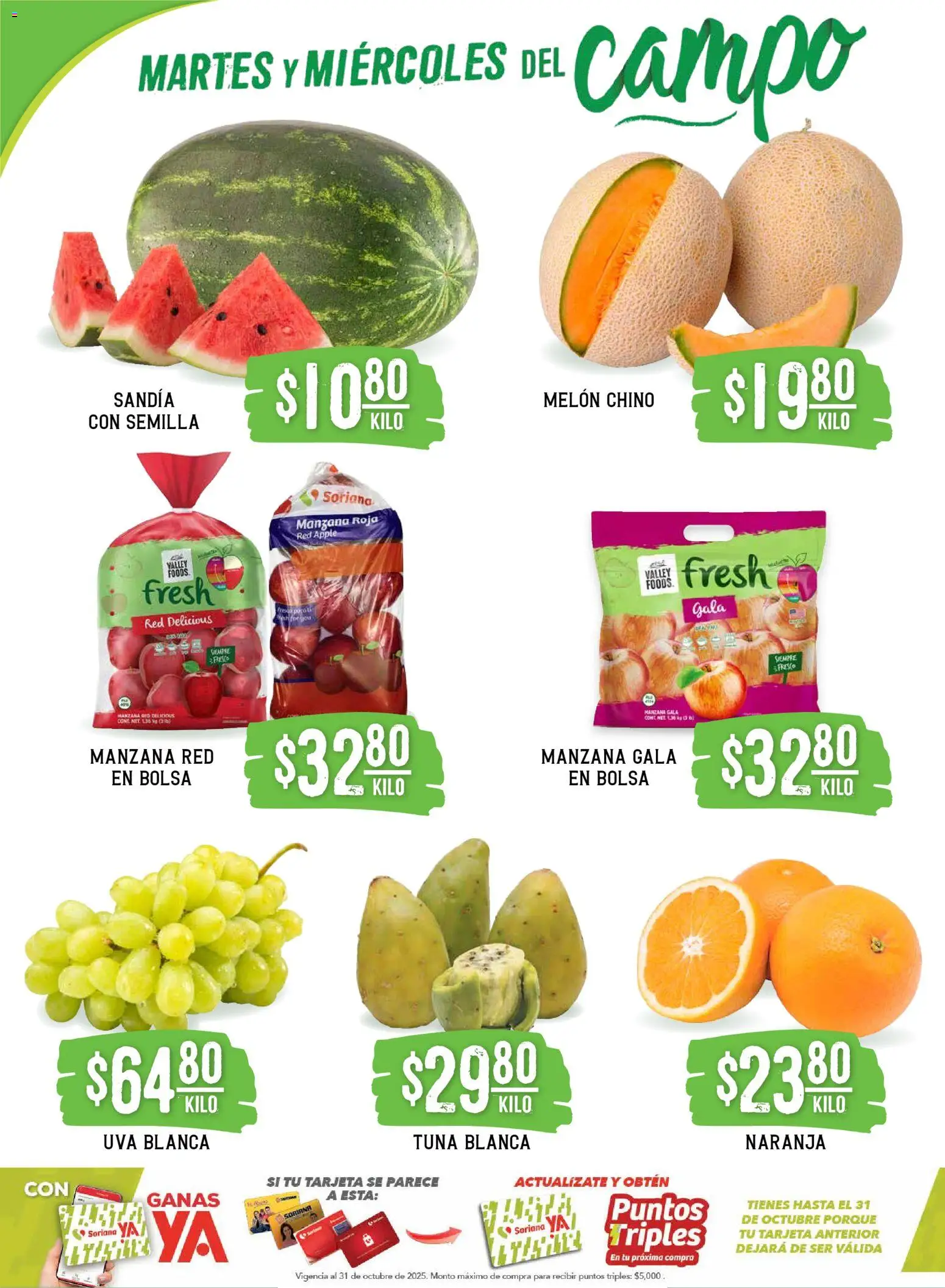 Nuevas ofertas de Soriana válidas en toda la República Mexicana desde el 21.10.2025. ¡Encuentra las mejores ofertas en Soriana - Martes y Miércoles del Campo Súper: Juárez! | Página: 2 | Productos: Sandía, Melón, Manzana, Uva