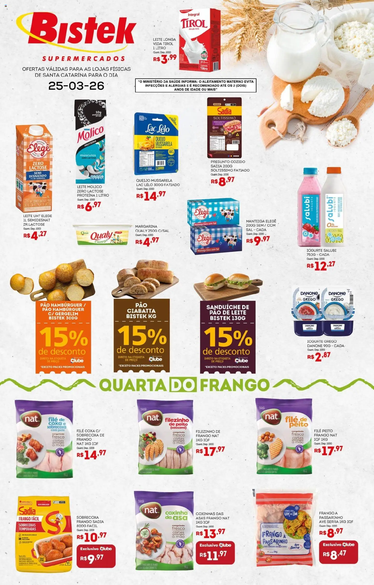 Bistek Supermercados Folheto - válido de 25.03.2026 | Página: 1 | Produtos: Leite, Presunto, Hambúrguer, Mussarela