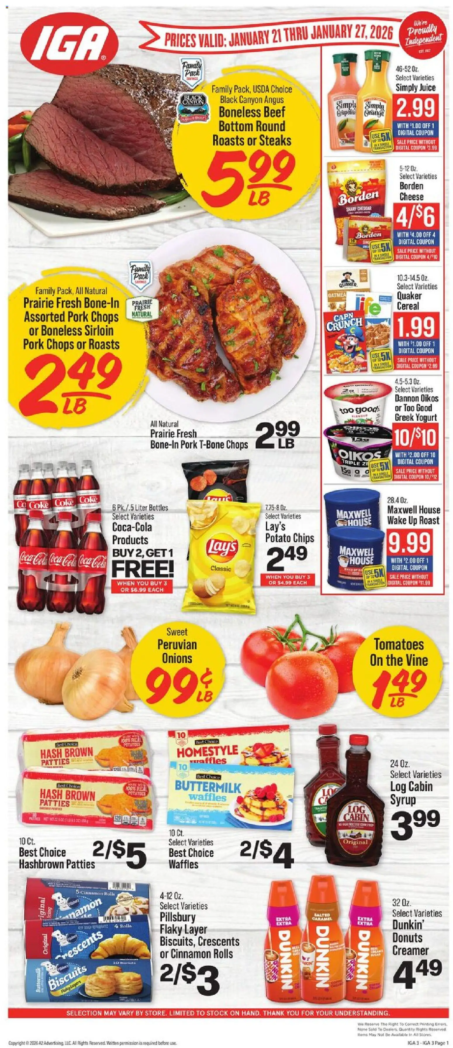IGA Weekly Ad - valid from 21.01.2026 | Page: 1 | Products: Cheese, Juice, Pork, Tomatoes